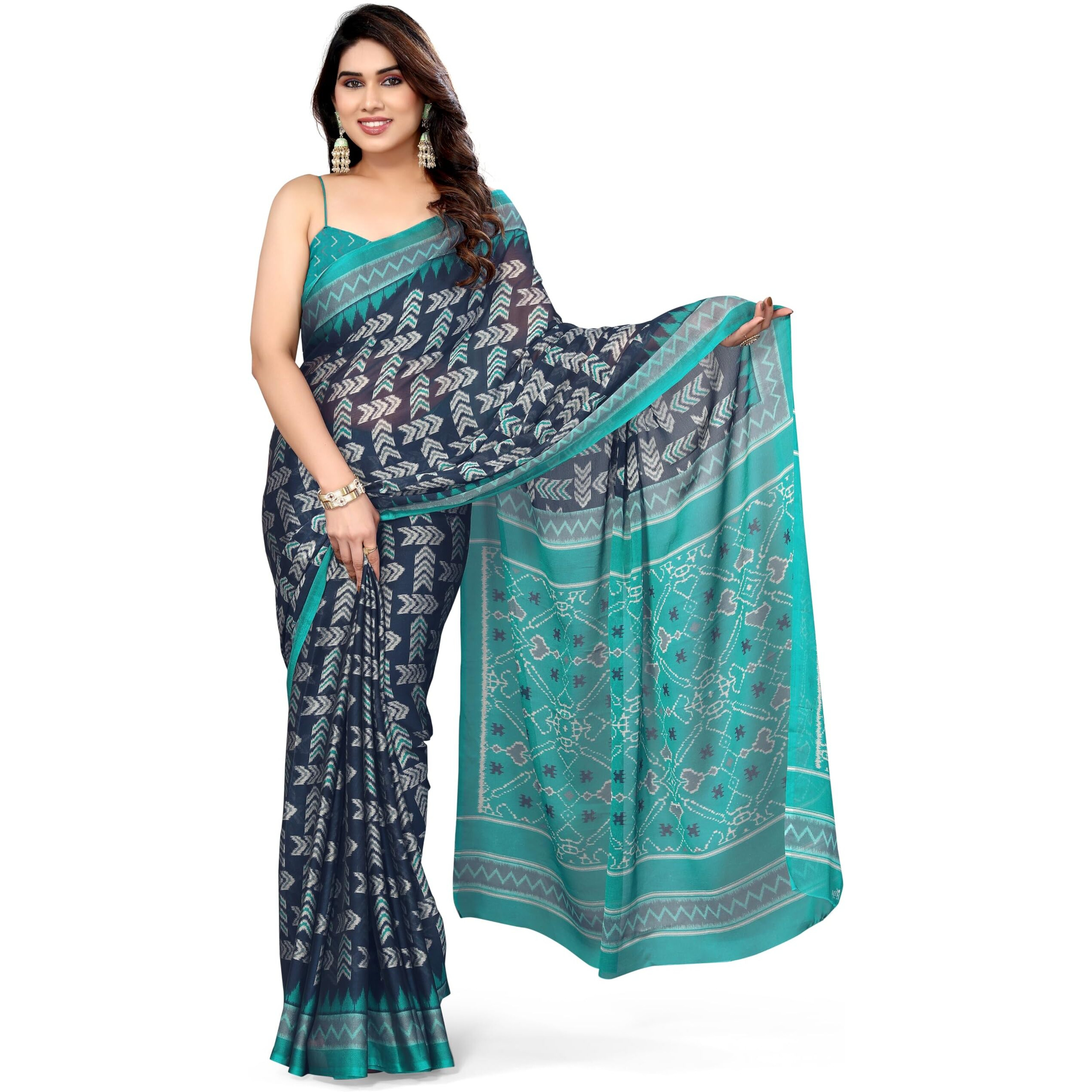 MIRCHI FASHION Womens Chiffon Mix Patola Block Printed Saree with Blouse Piece (39472-Navy Blue, Teal)