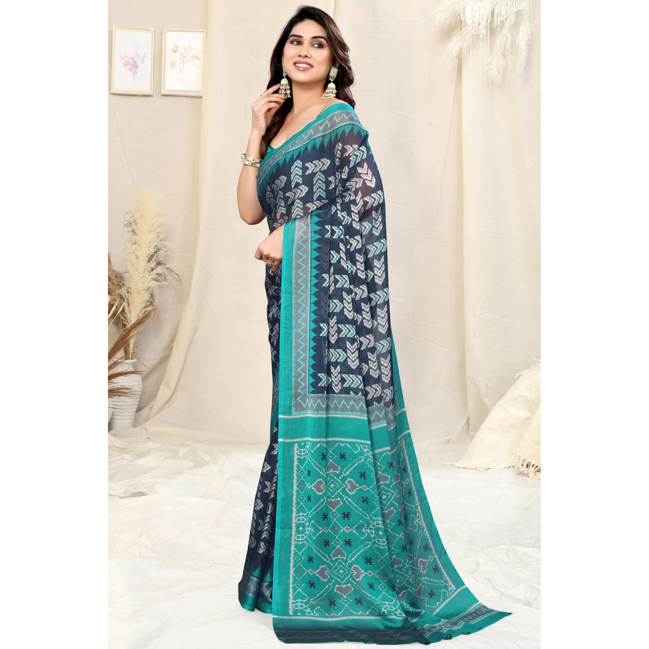 MIRCHI FASHION Womens Chiffon Mix Patola Block Printed Saree with Blouse Piece (39472-Navy Blue, Teal)