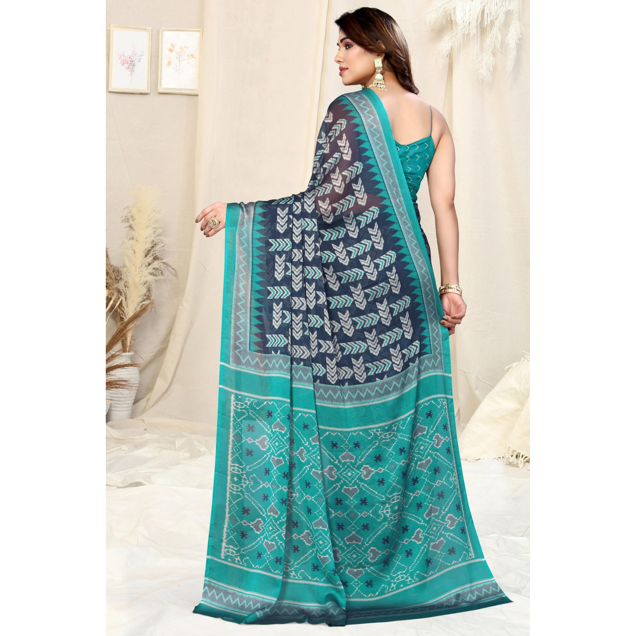MIRCHI FASHION Womens Chiffon Mix Patola Block Printed Saree with Blouse Piece (39472-Navy Blue, Teal)