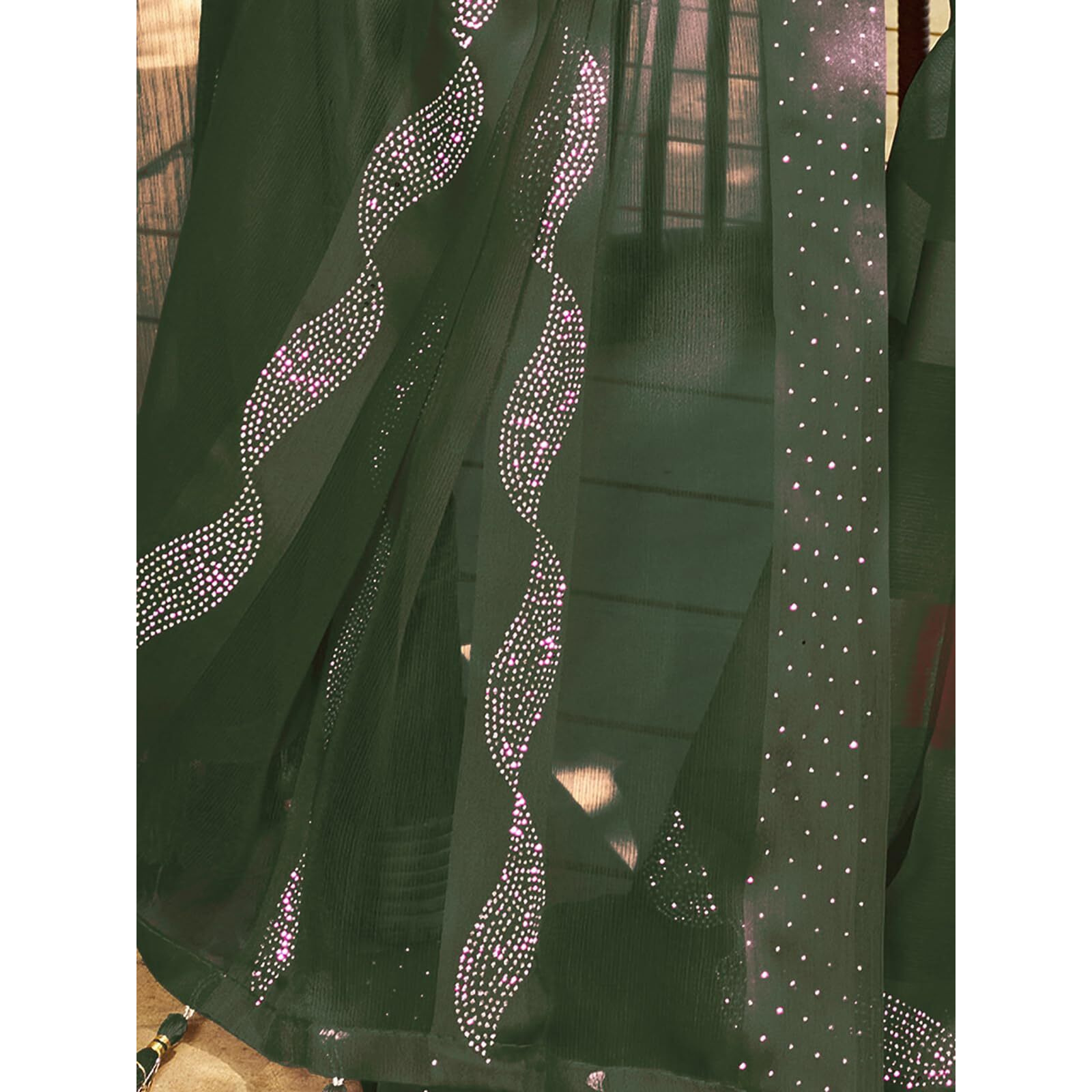 SIRIL Womens Satin Patta Hot Fixing Chiffon Saree with Unstitched Blouse Piece (3349S355_Olive Green)