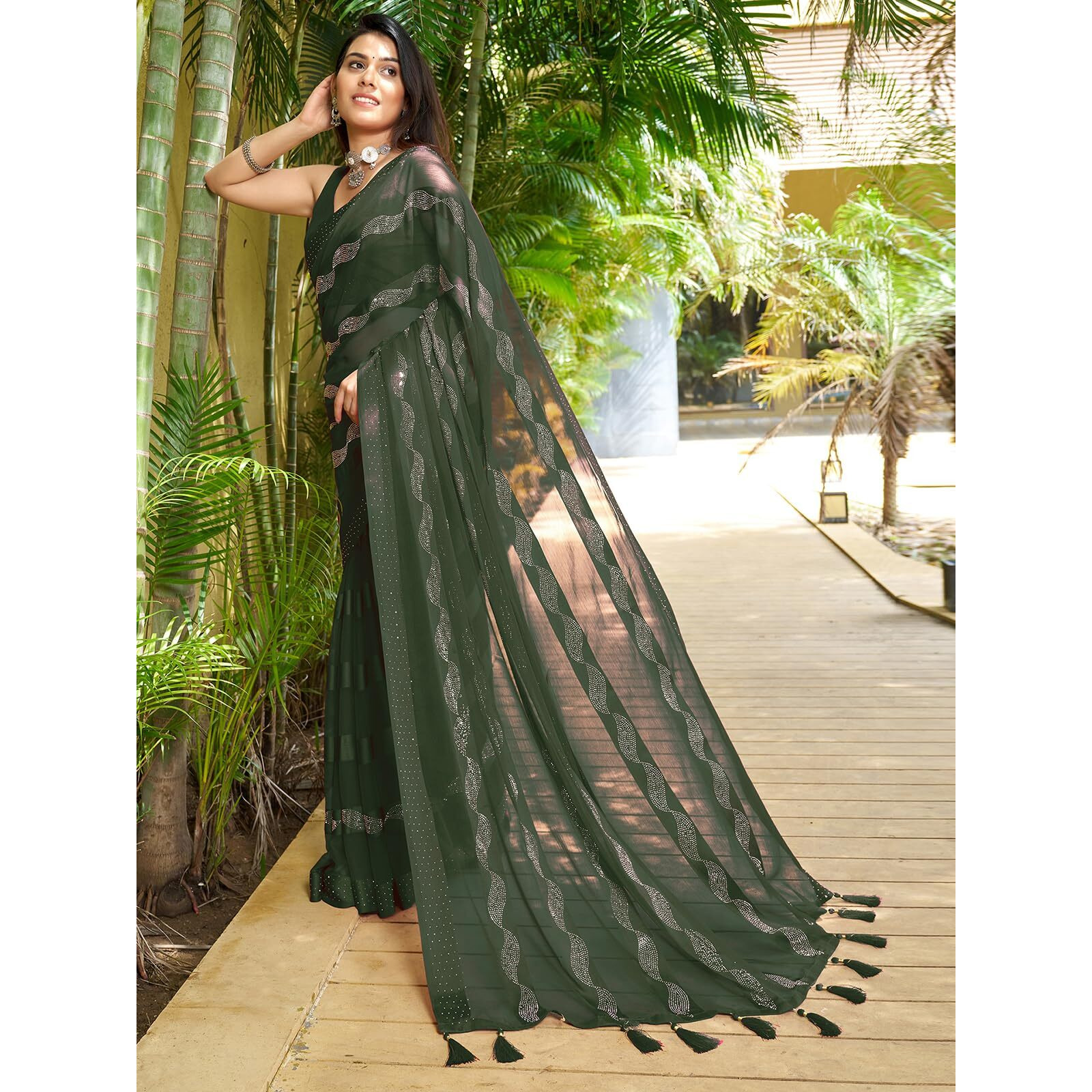SIRIL Womens Satin Patta Hot Fixing Chiffon Saree with Unstitched Blouse Piece (3349S355_Olive Green)