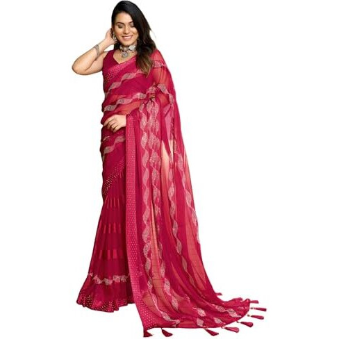 SIRIL Womens Satin Patta Hot Fixing Chiffon Saree with Unstitched Blouse Piece (3349S351_Dark Pink)