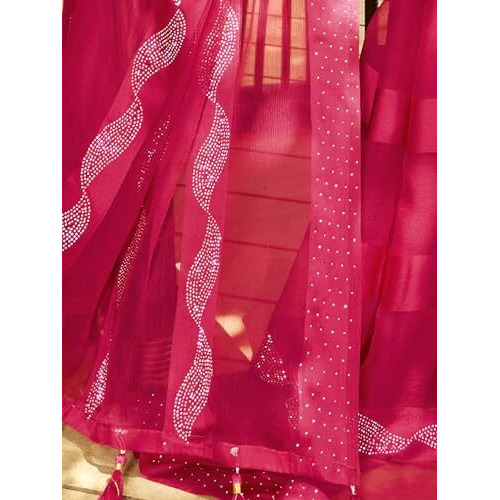 SIRIL Womens Satin Patta Hot Fixing Chiffon Saree with Unstitched Blouse Piece (3349S351_Dark Pink)