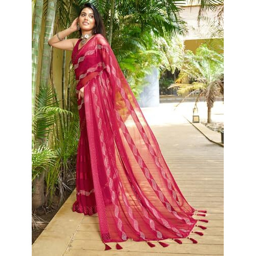 SIRIL Womens Satin Patta Hot Fixing Chiffon Saree with Unstitched Blouse Piece (3349S351_Dark Pink)