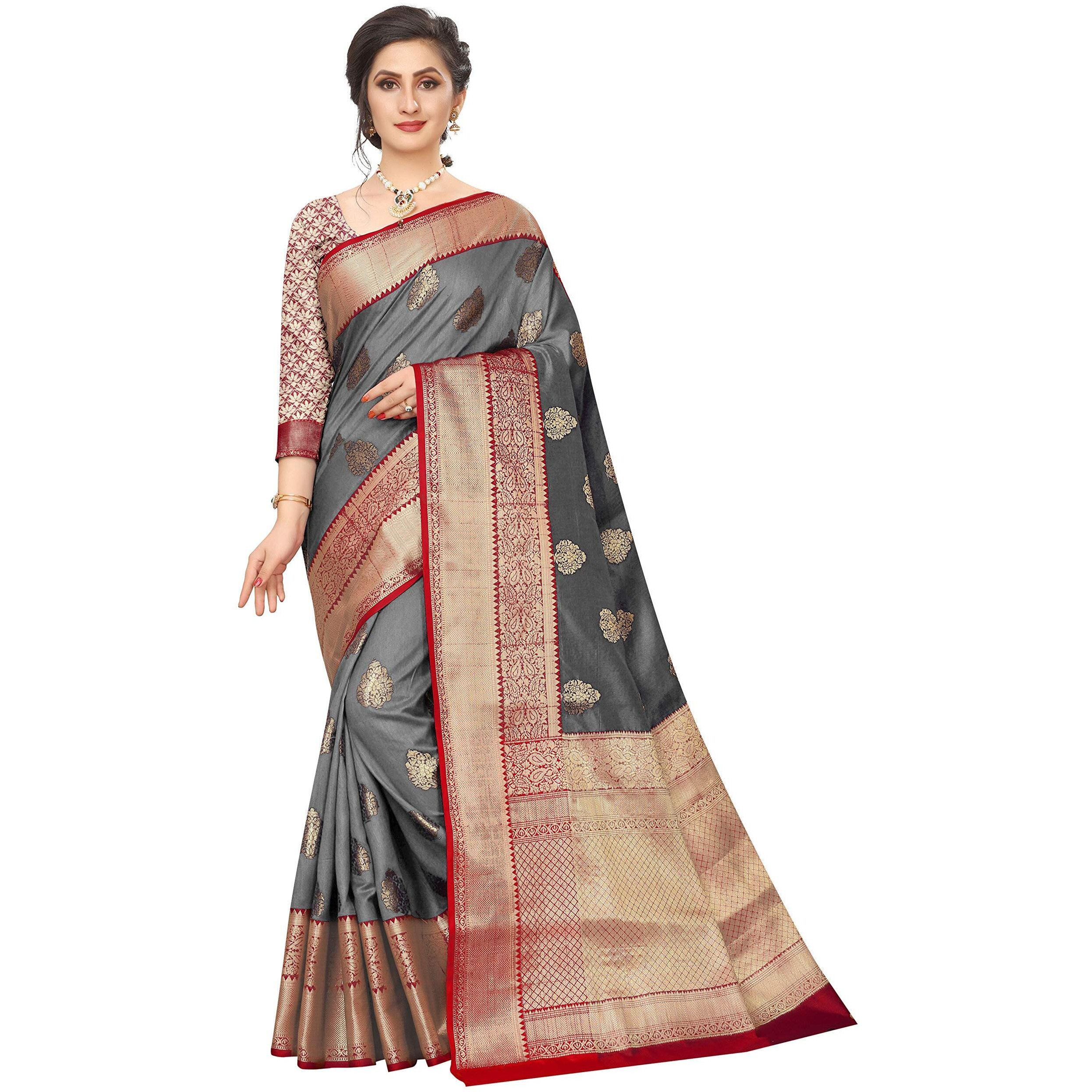 Silk Zone Womens Heavy Banarasi Art Silk Saree With Unstitched Blouse Piece(Grey)