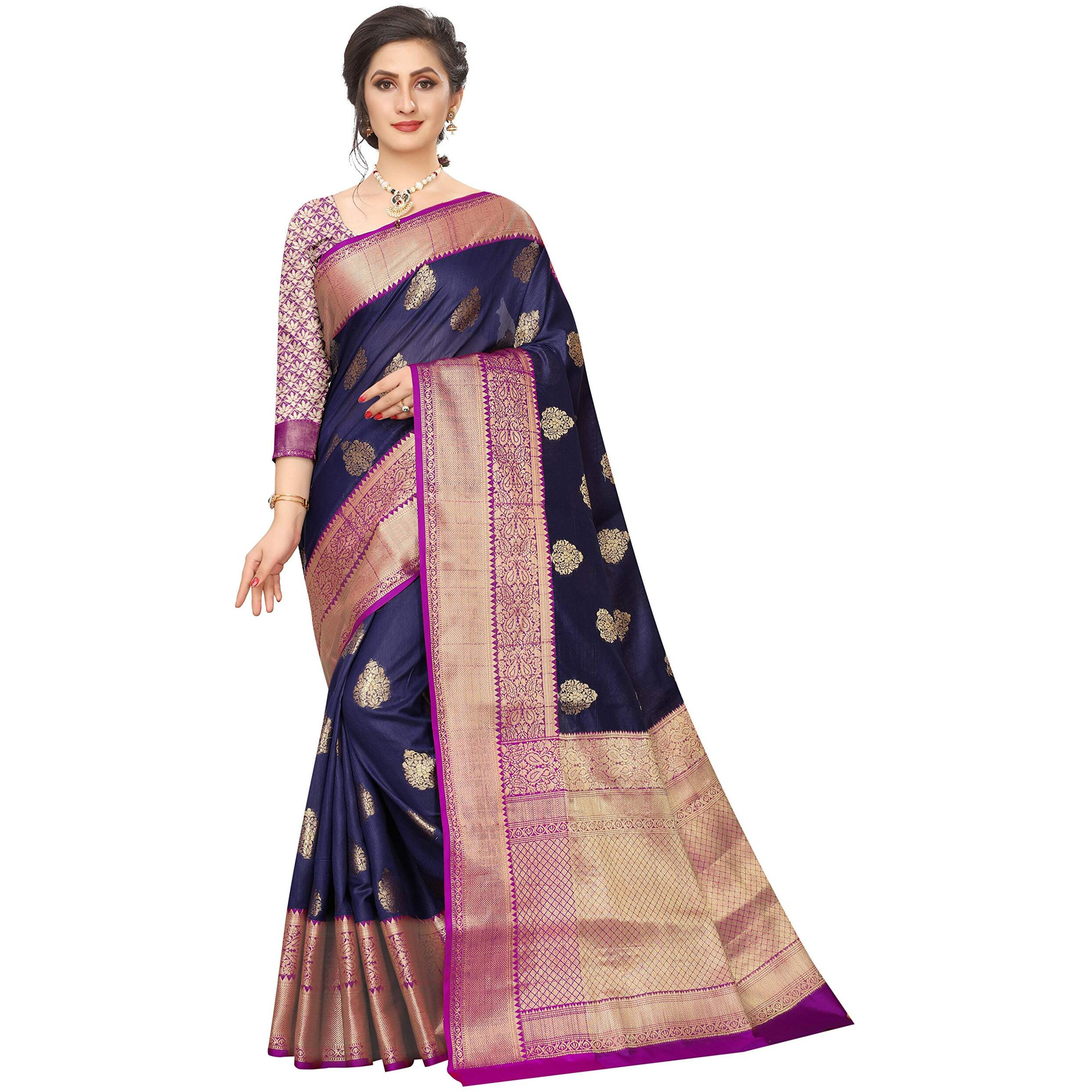 Silk Zone Womens Heavy Banarasi Art Silk Saree With Unstitched Blouse Piece(Blue)
