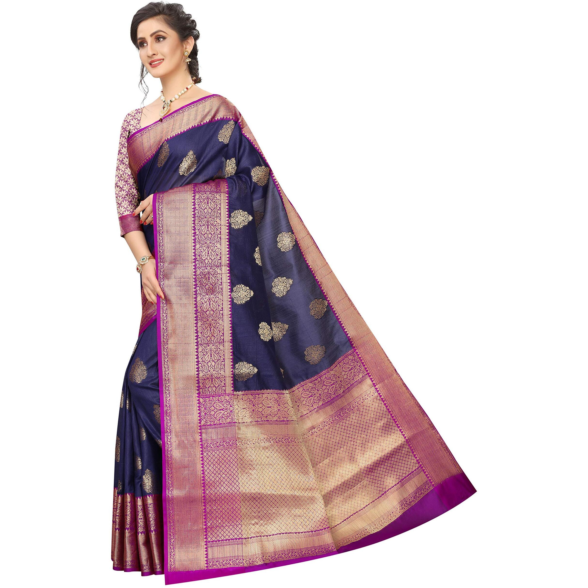 Silk Zone Womens Heavy Banarasi Art Silk Saree With Unstitched Blouse Piece(Blue)