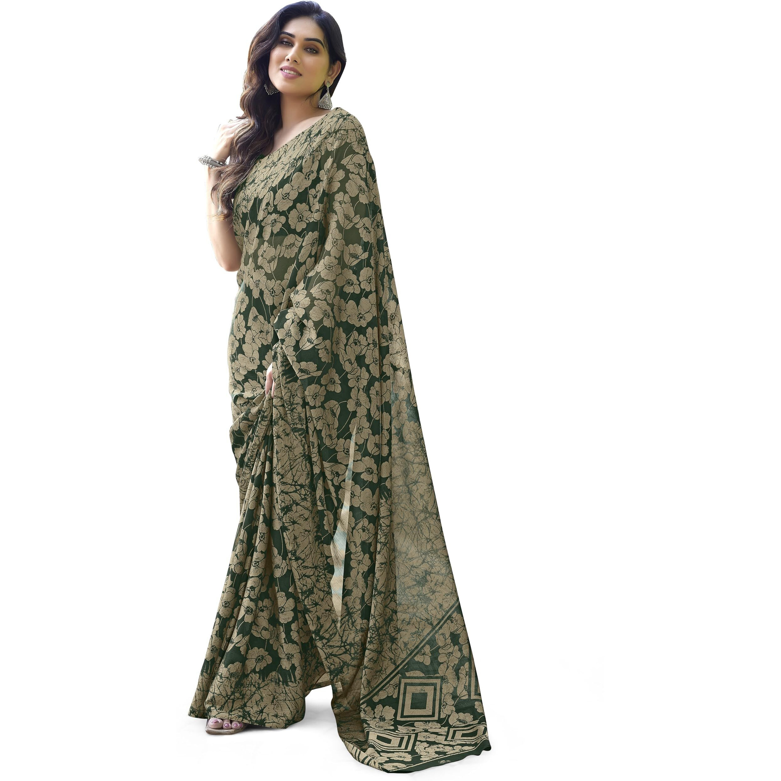 MIRCHI FASHION Womens Chiffon Floral Printed Saree with Blouse Piece (39822-Green, Beige)