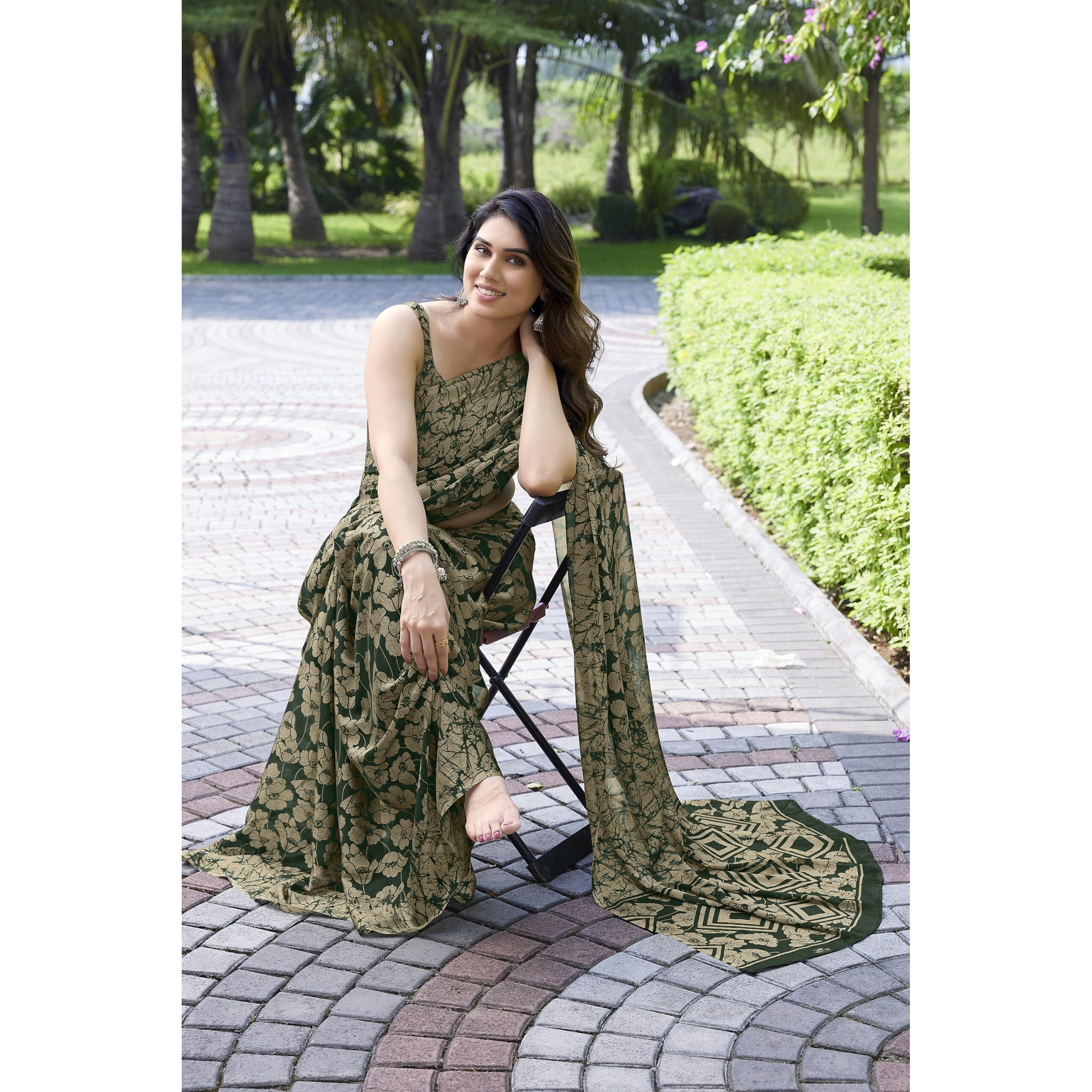 MIRCHI FASHION Womens Chiffon Floral Printed Saree with Blouse Piece (39822-Green, Beige)