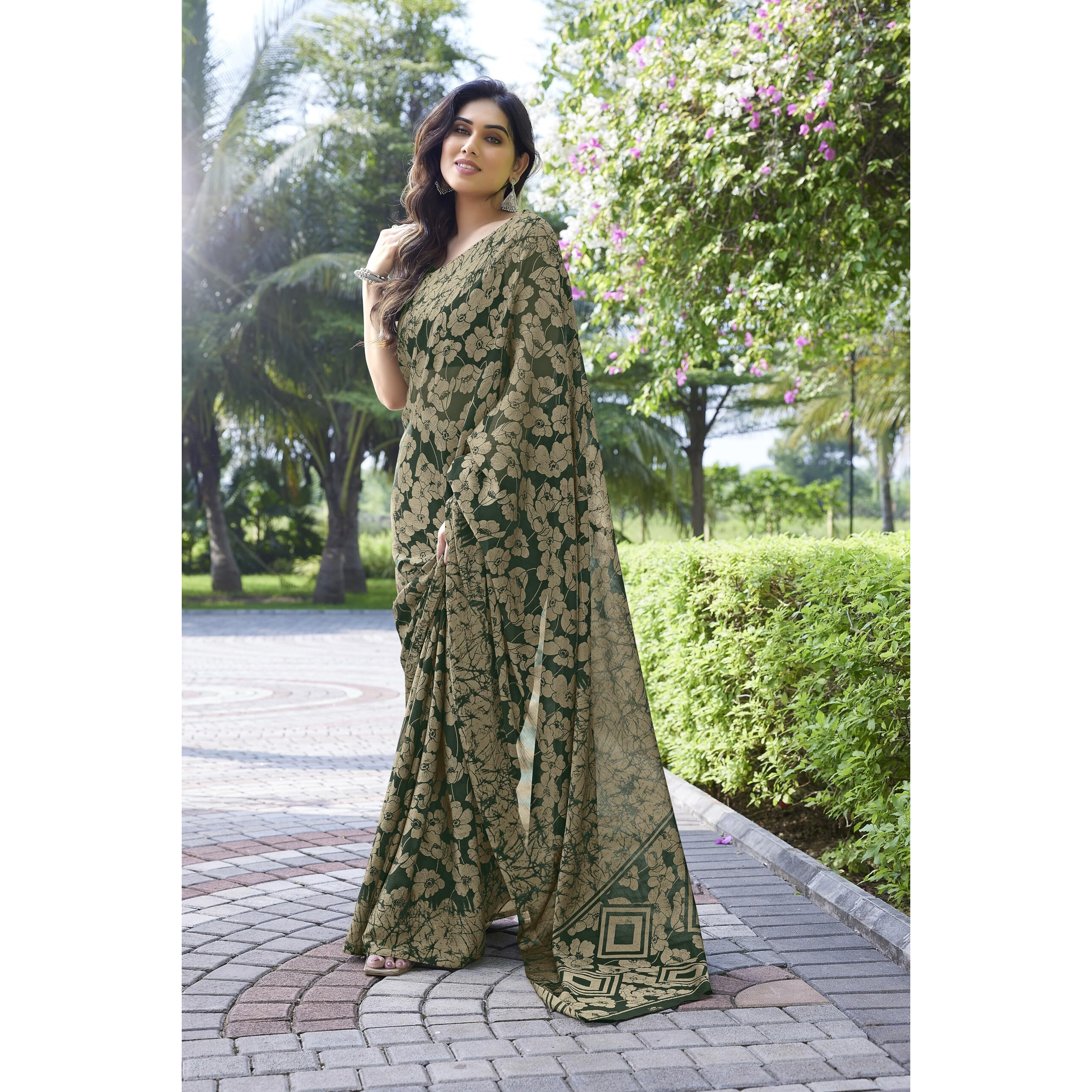 MIRCHI FASHION Womens Chiffon Floral Printed Saree with Blouse Piece (39822-Green, Beige)