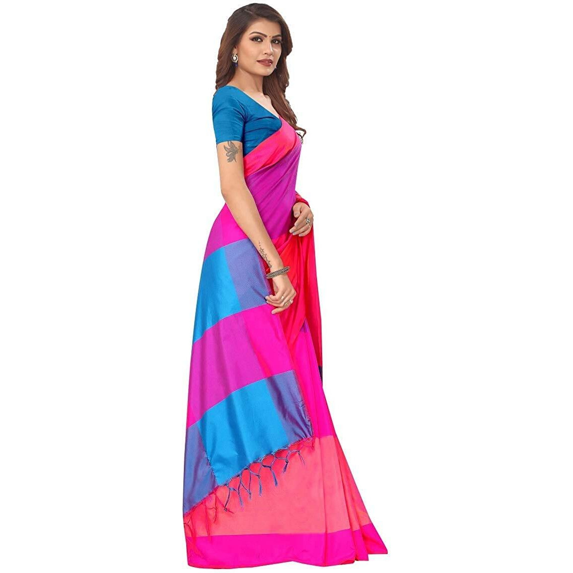 DHRUVI TRENDZ Womens Banarasi Cotton & Silk Saree (Dt-S1224_Pink_One Size_Pink)