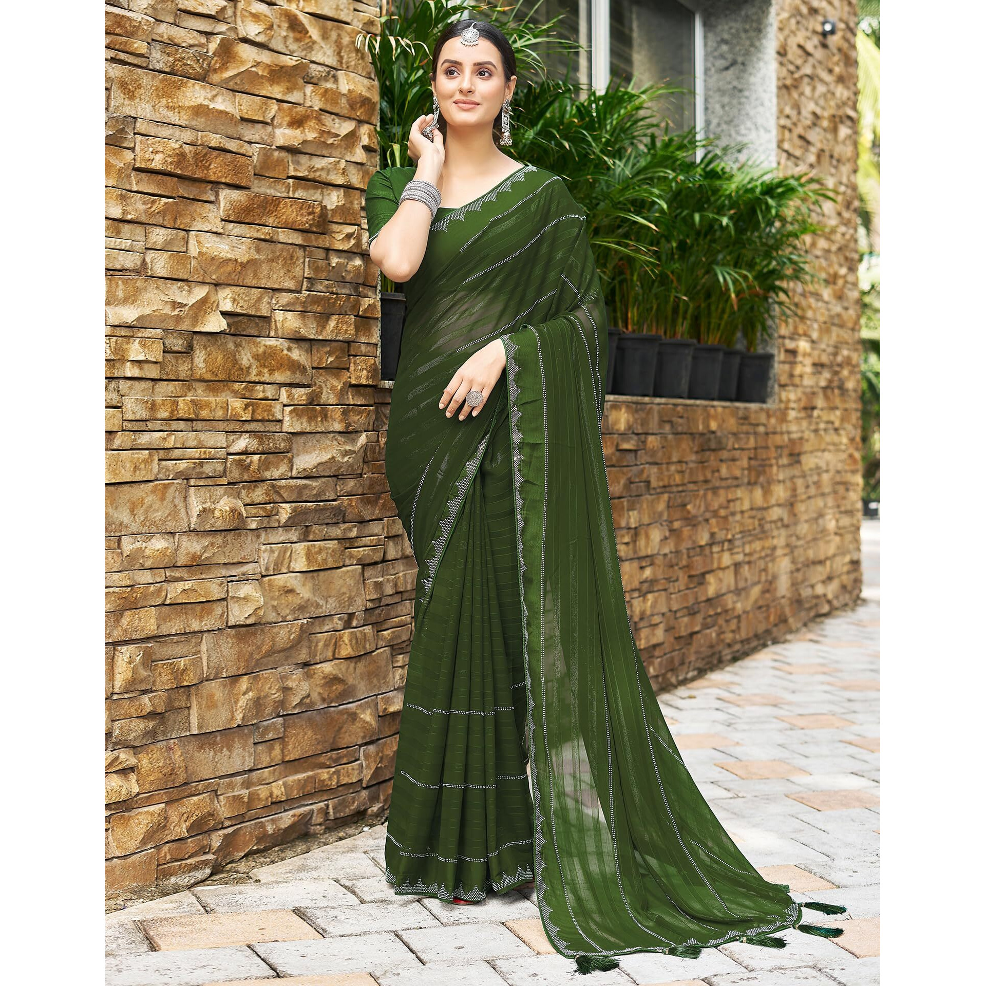 SIRIL Georgette Stone Work Saree for Women With Unstitched Blouse Piece (3432S303_Mehandi Green)