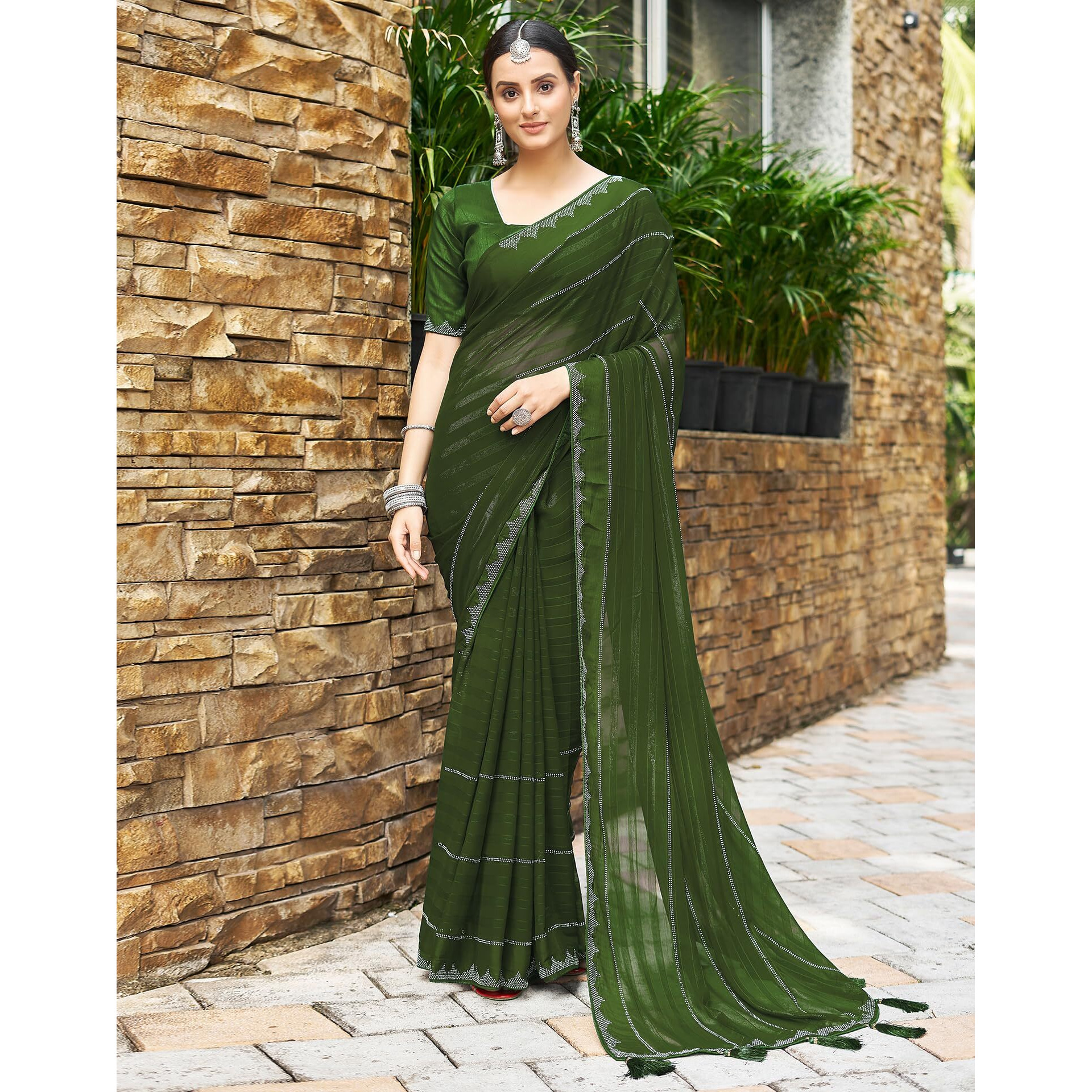 SIRIL Georgette Stone Work Saree for Women With Unstitched Blouse Piece (3432S303_Mehandi Green)
