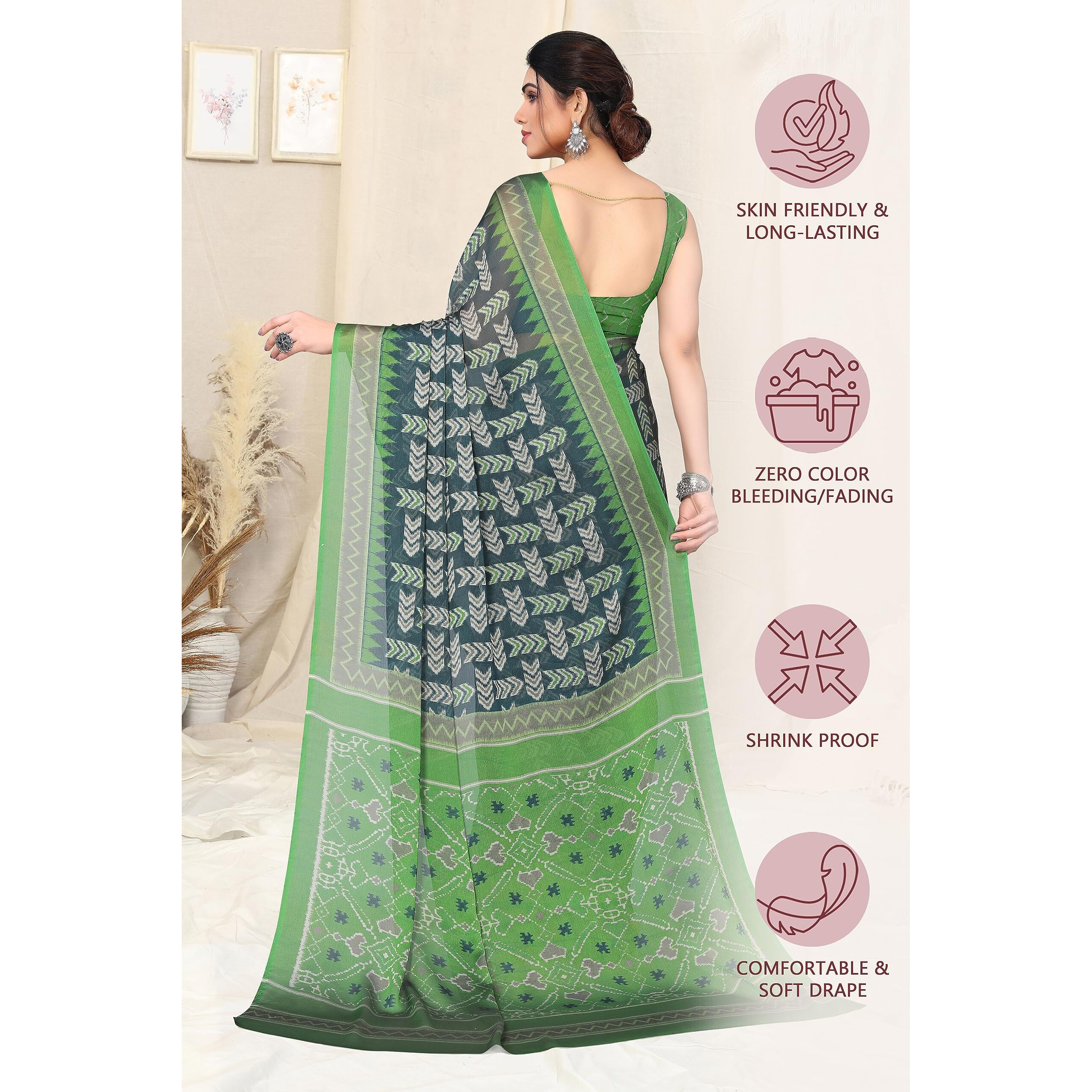 MIRCHI FASHION Womens Plain Weave Chiffon Blocks Printed Saree with Blouse Piece (38096-Peacock Green, Perrot Green)