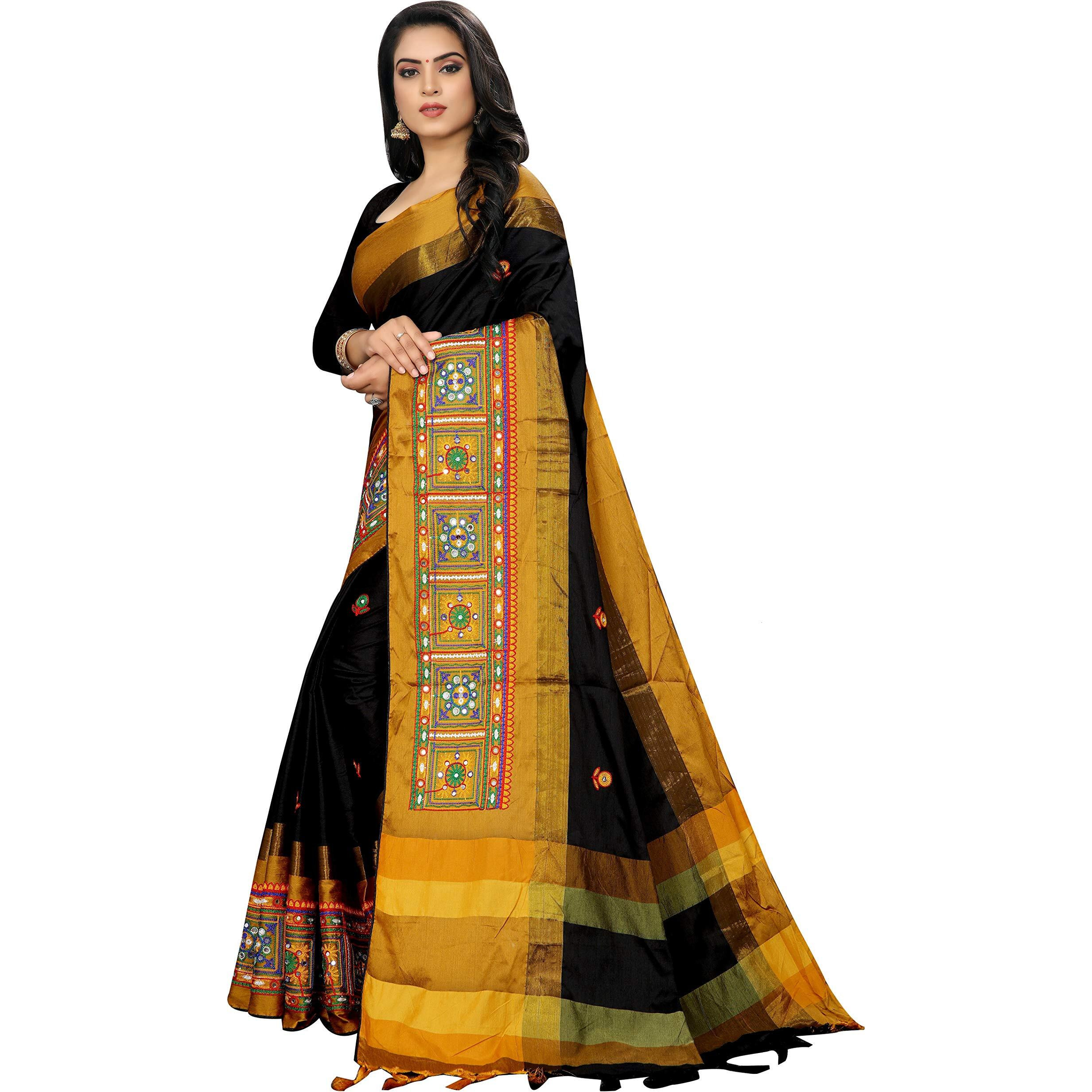 SERONA FABRICS Womens Banarasi Cotton Silk Embroidered Work Saree With Blouse Piece