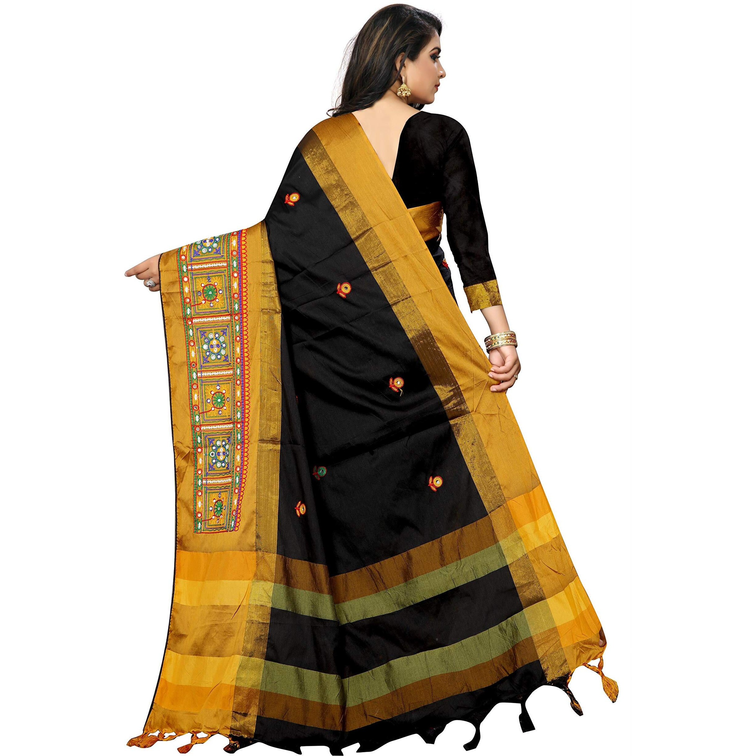 SERONA FABRICS Womens Banarasi Cotton Silk Embroidered Work Saree With Blouse Piece