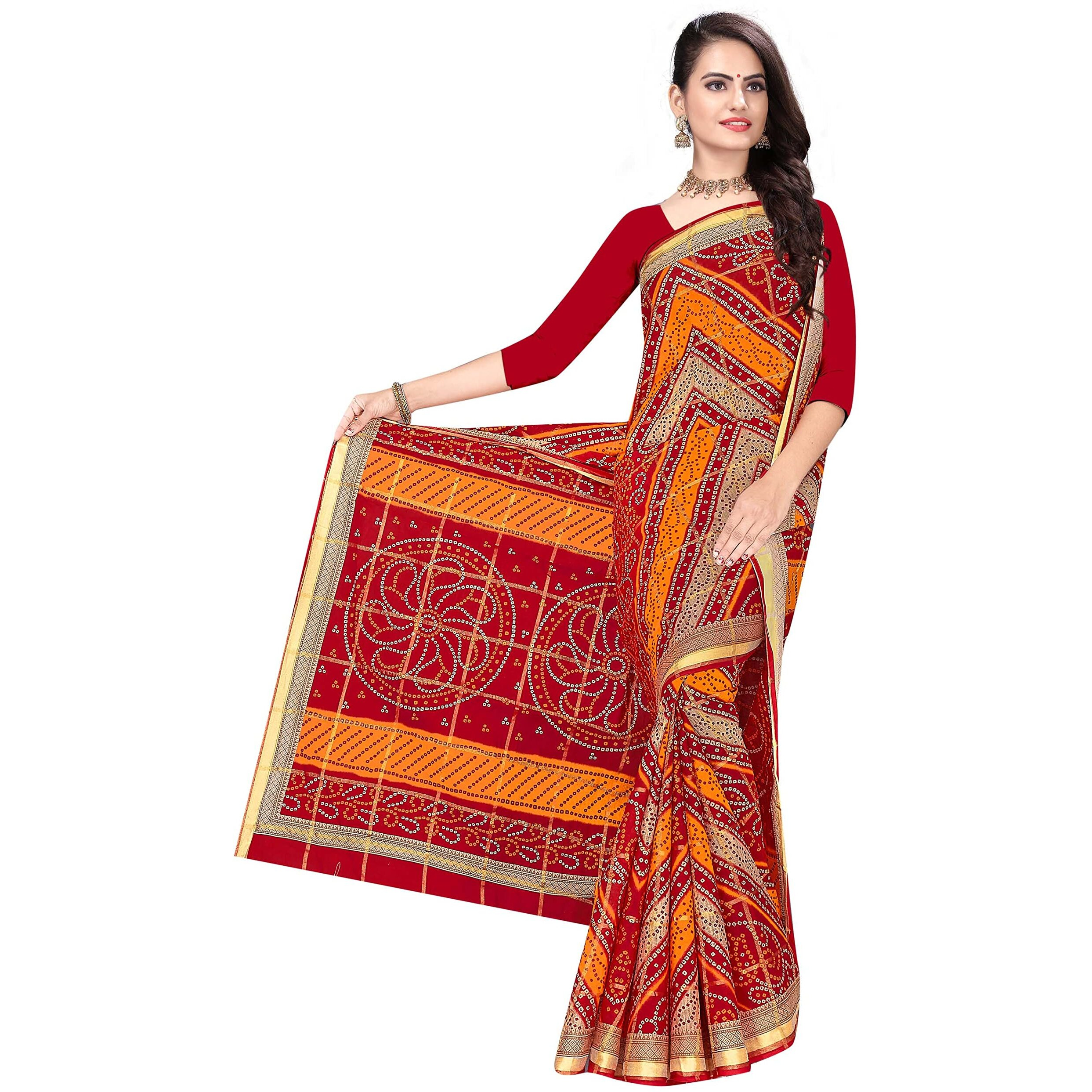 TAMAIRA FASHION Womens Pure Cotton Bandhani Saree Without Blouse Piece(2439_Red)