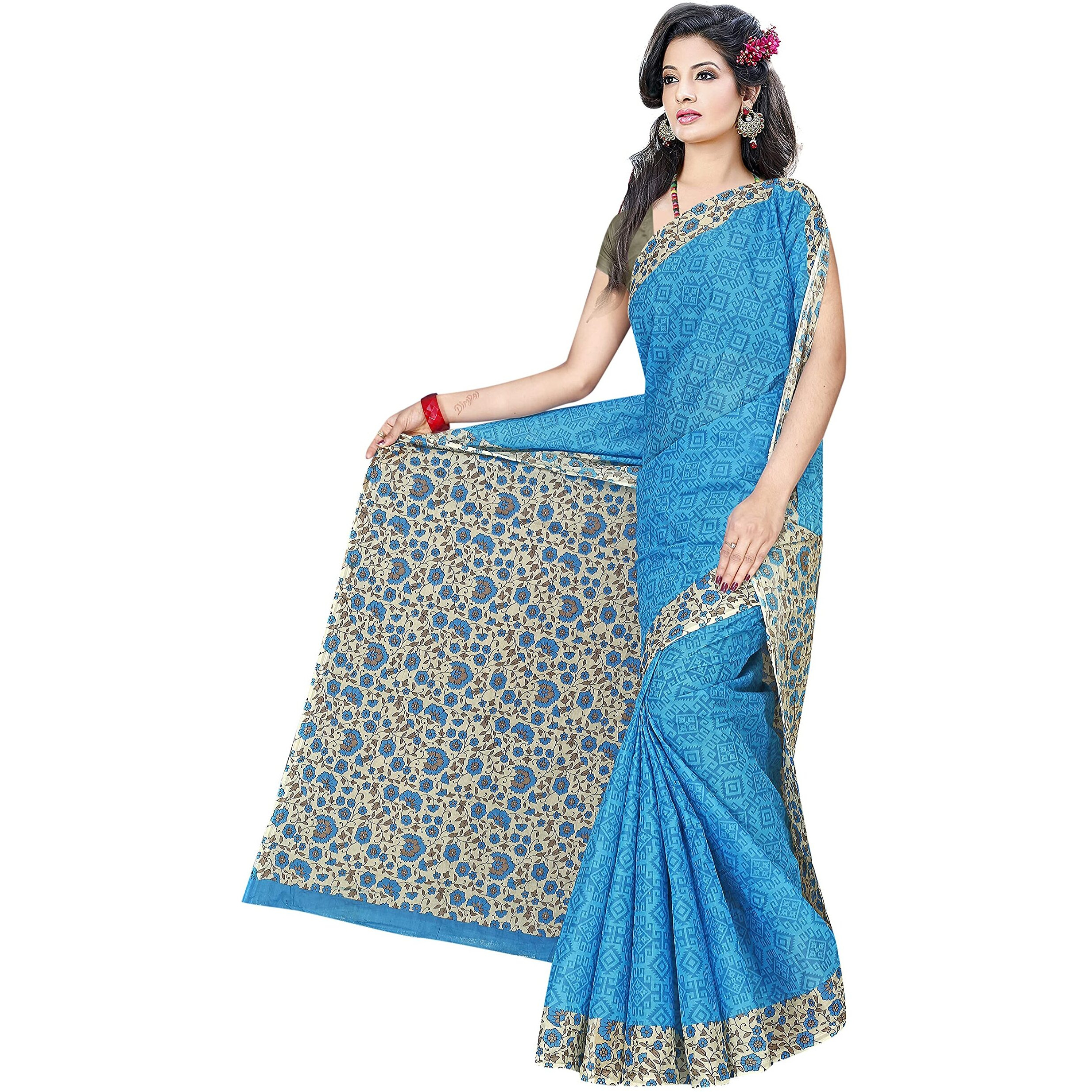 TAMAIRA FASHION Womens Plain Weave Pure Cotton Saree Without Blouse Piece (AB16_Turquiose)