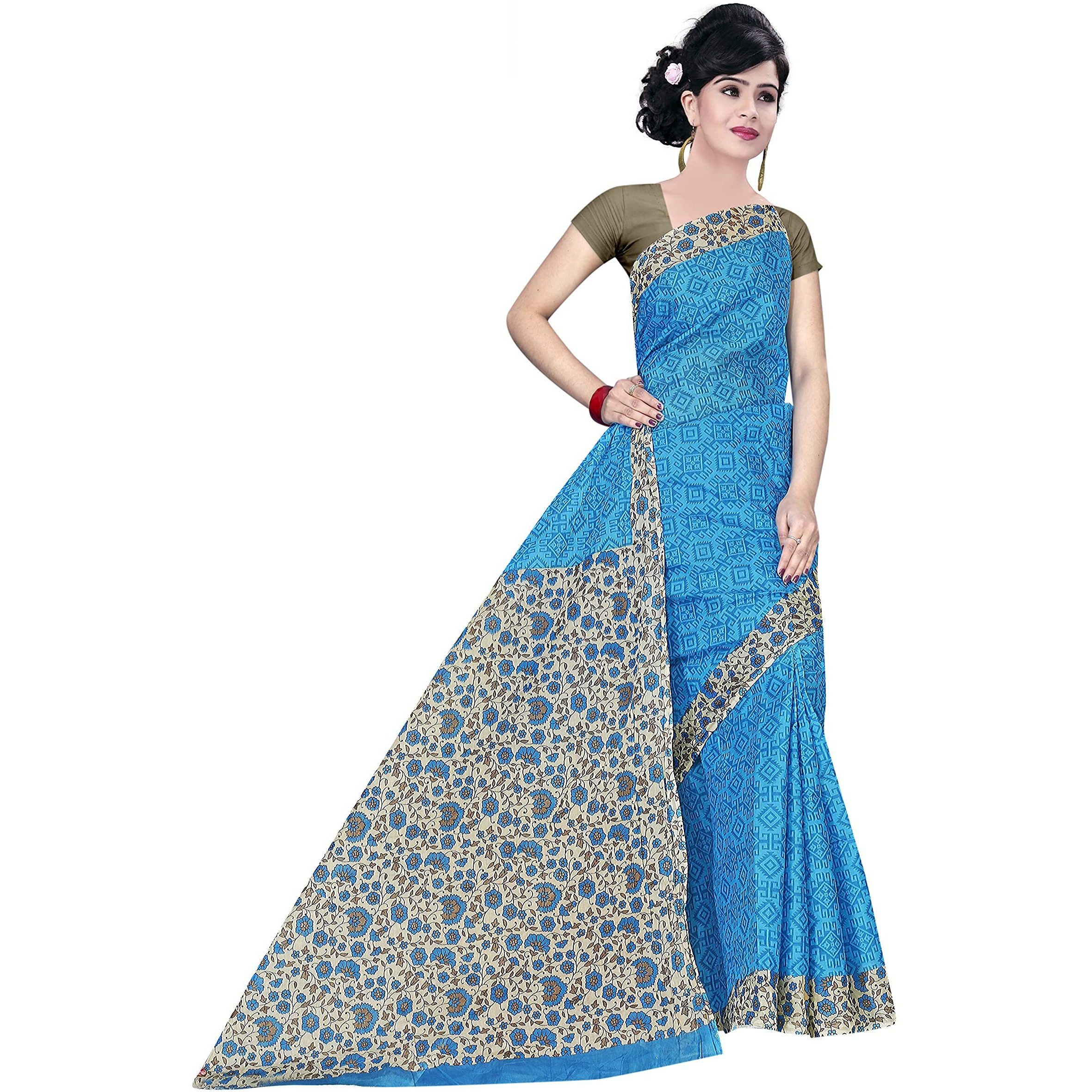 TAMAIRA FASHION Womens Plain Weave Pure Cotton Saree Without Blouse Piece (AB16_Turquiose)