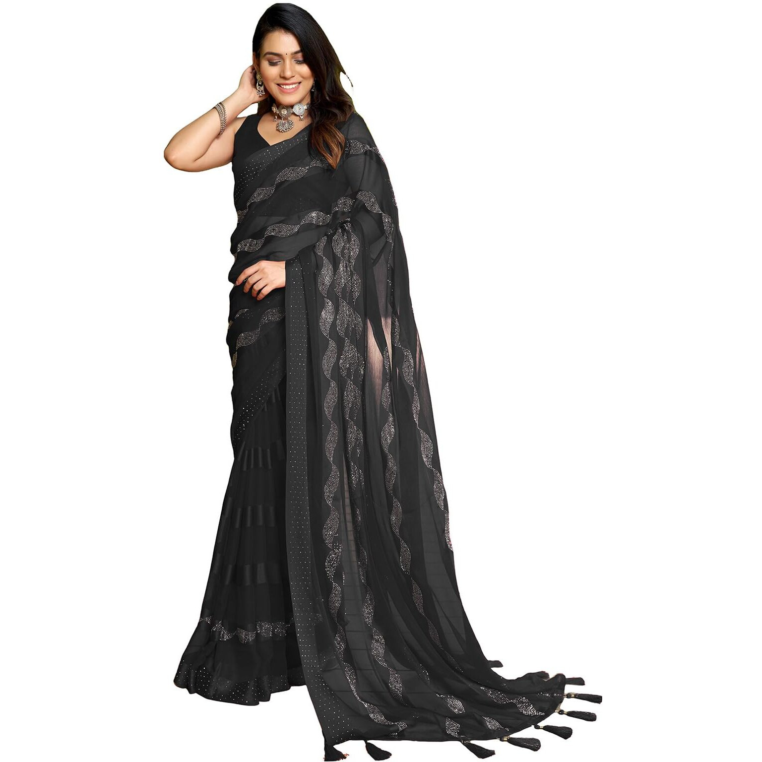 SIRIL Womens Satin Patta Hot Fixing Chiffon Saree with Unstitched Blouse Piece (3349S352_Black)