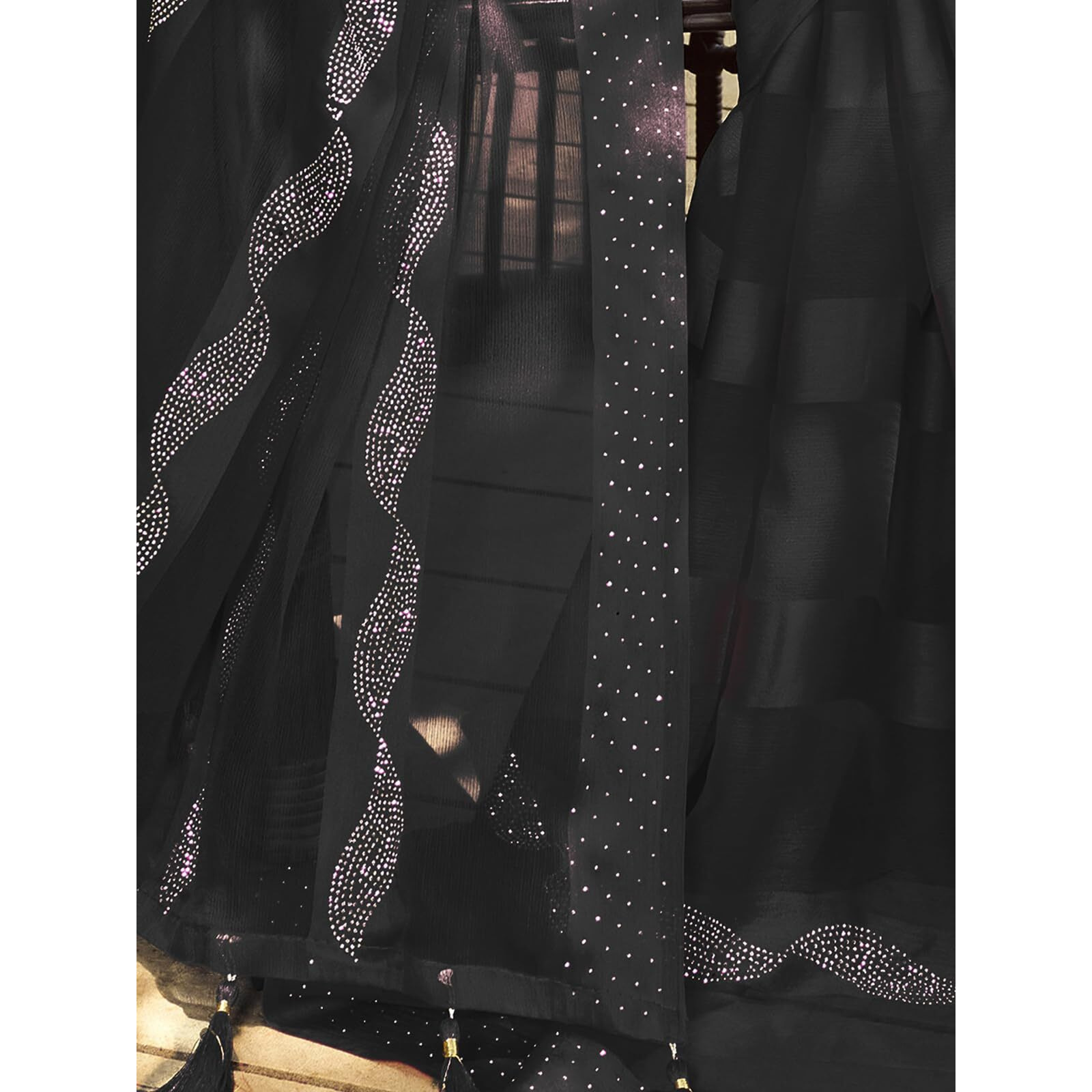 SIRIL Womens Satin Patta Hot Fixing Chiffon Saree with Unstitched Blouse Piece (3349S352_Black)