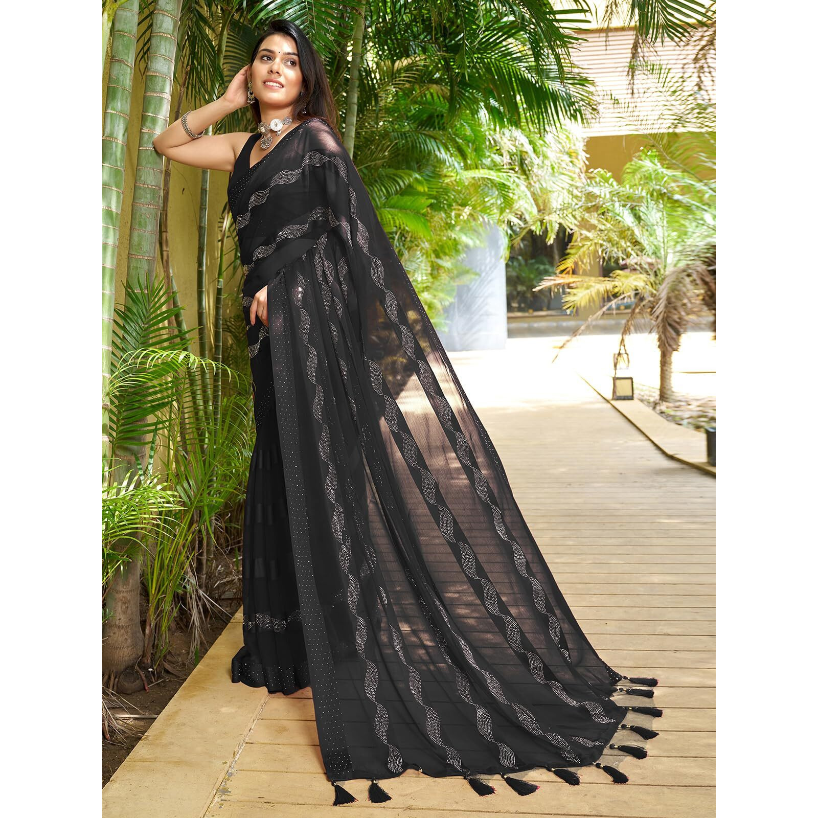 SIRIL Womens Satin Patta Hot Fixing Chiffon Saree with Unstitched Blouse Piece (3349S352_Black)
