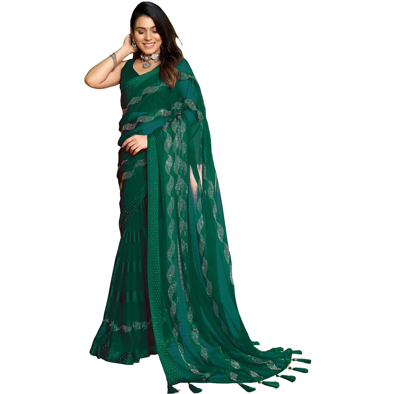 SIRIL Womens Satin Patta Hot Fixing Chiffon Saree with Unstitched Blouse Piece (3349S353_Green)