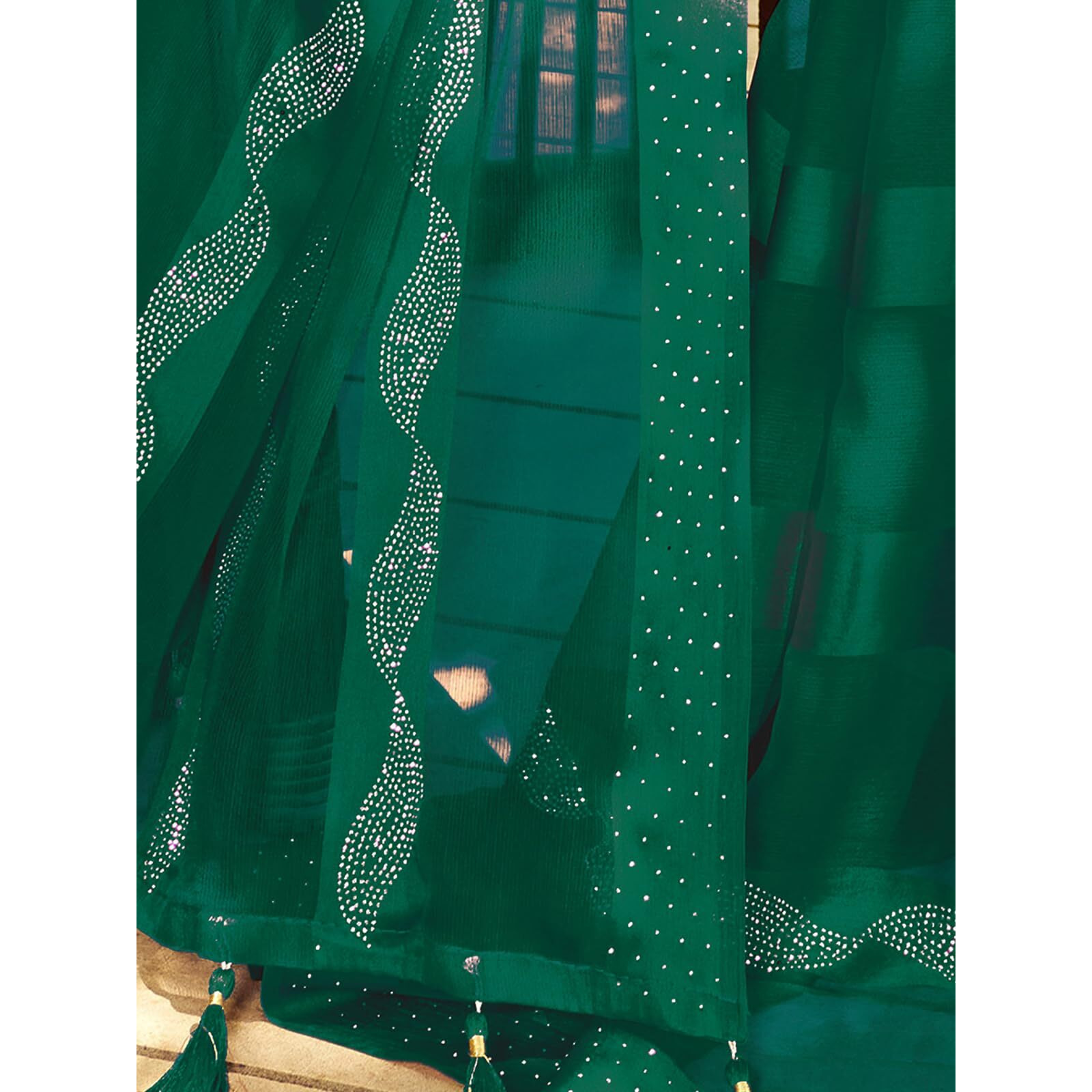 SIRIL Womens Satin Patta Hot Fixing Chiffon Saree with Unstitched Blouse Piece (3349S353_Green)