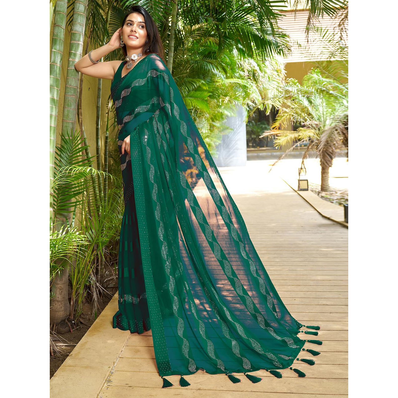SIRIL Womens Satin Patta Hot Fixing Chiffon Saree with Unstitched Blouse Piece (3349S353_Green)