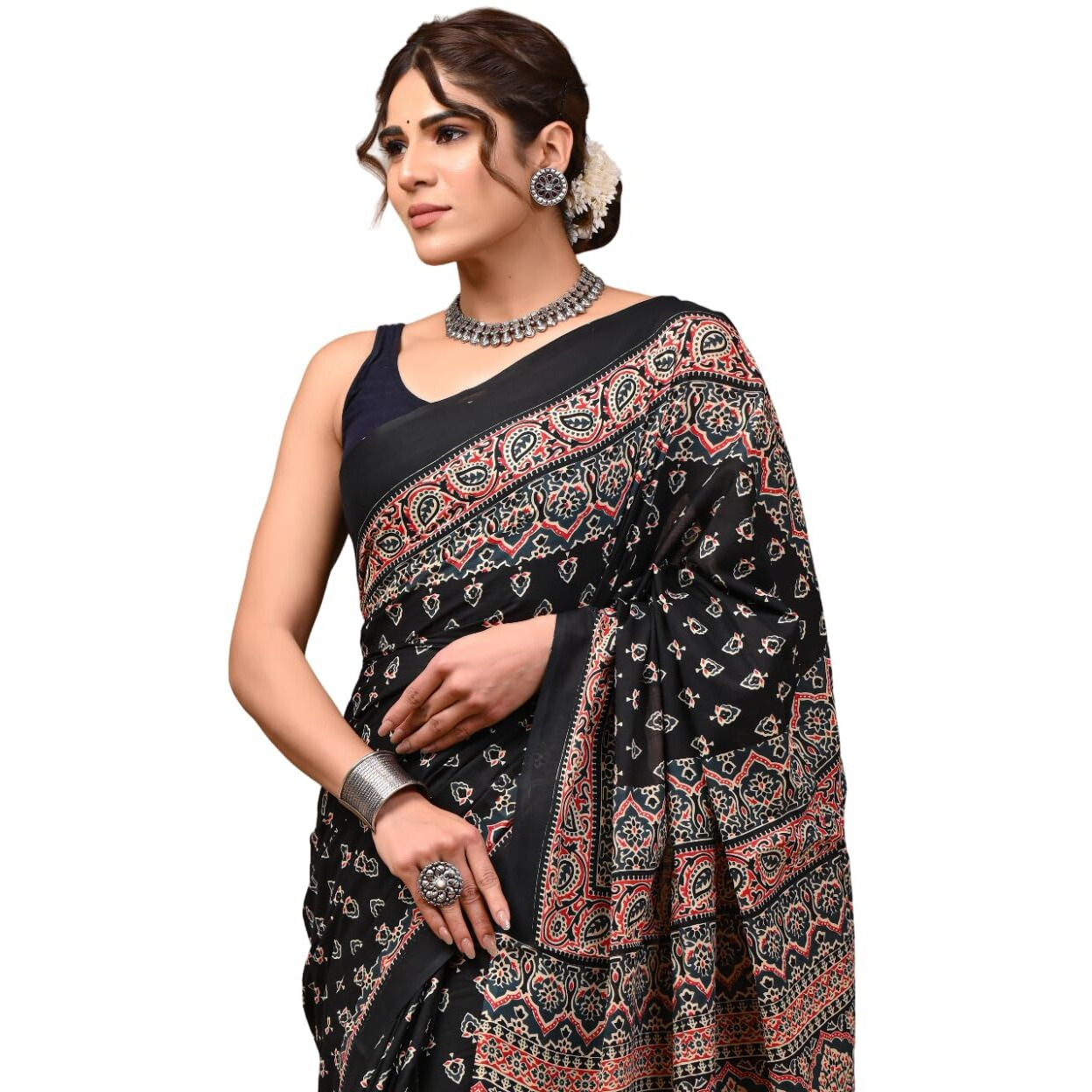 Crafts Moda Women Ajrakh Print Pure Cotton Black Saree Floral Printed With Unstitched Blouse