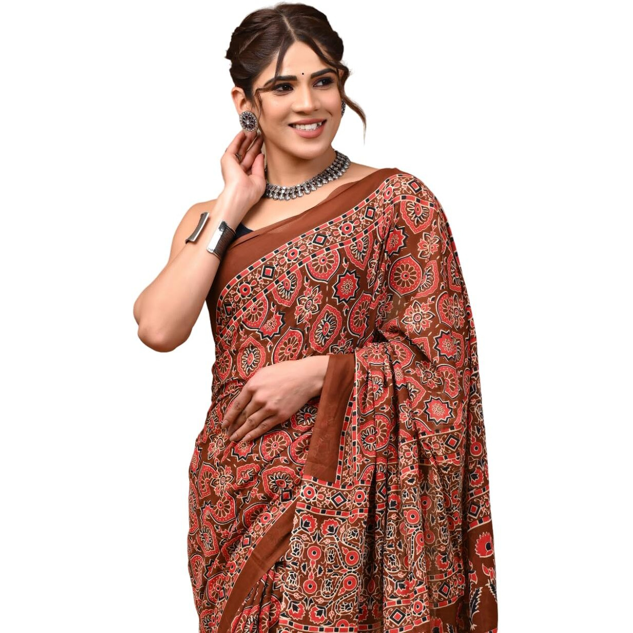 Crafts Moda Womens Cotton Brown Ajrakh Print Saree with Blouse Piece