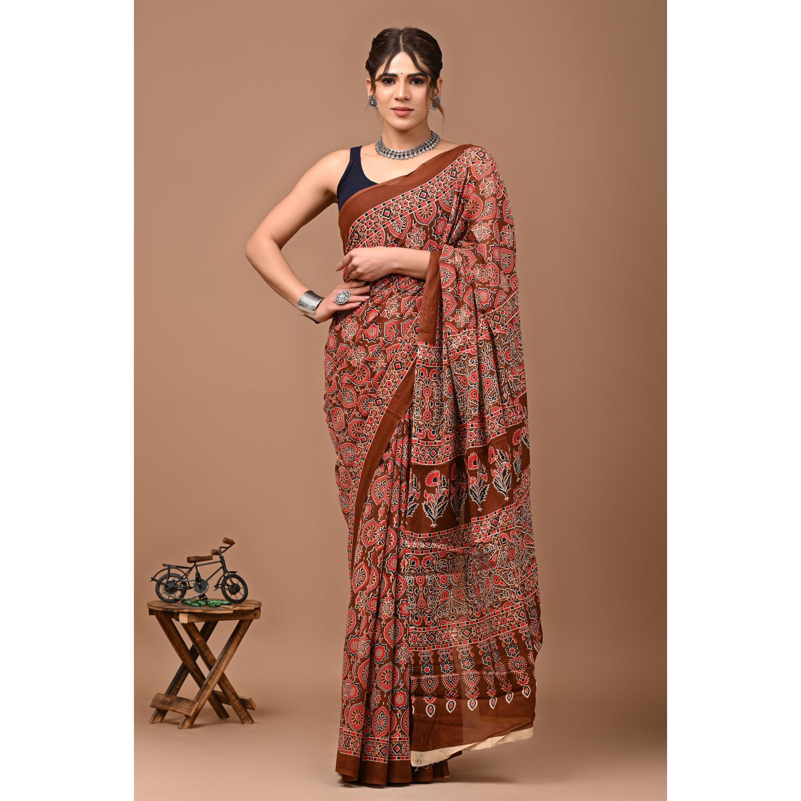 Crafts Moda Womens Cotton Brown Ajrakh Print Saree with Blouse Piece