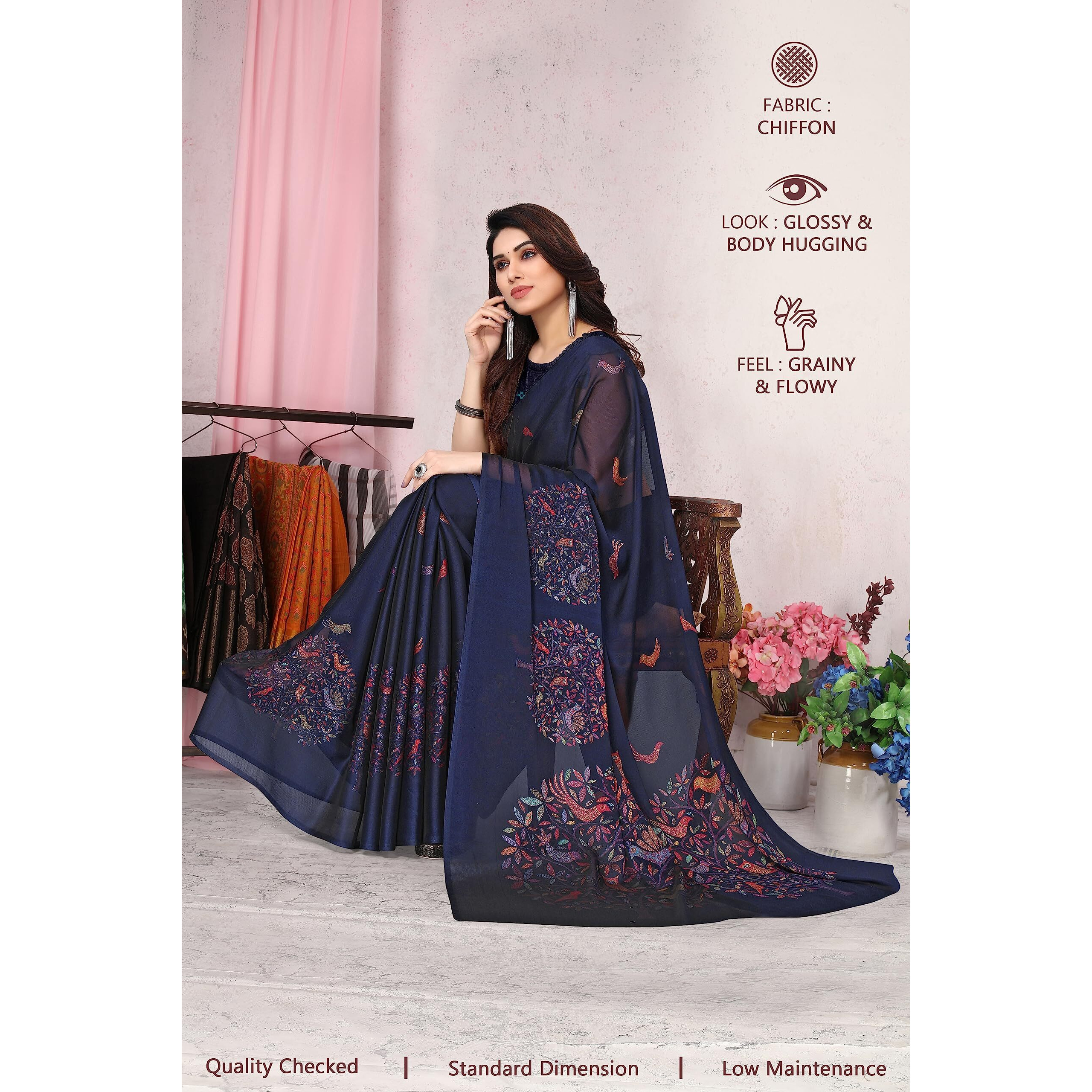MIRCHI FASHION Womens Plain Weave Chiffon Madhubani Printed Saree with Blouse Piece (37963-Navy Blue, Multi)
