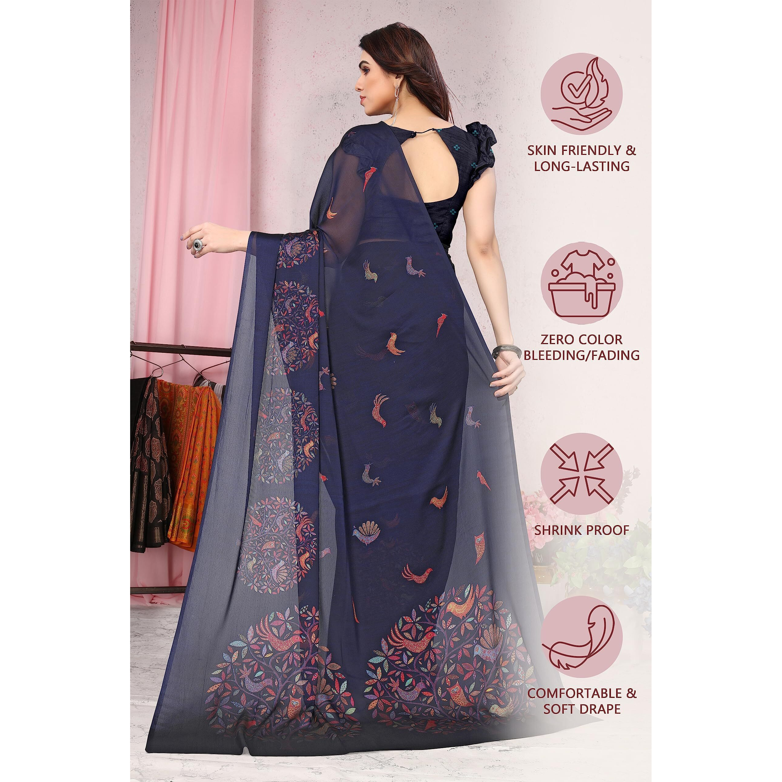 MIRCHI FASHION Womens Plain Weave Chiffon Madhubani Printed Saree with Blouse Piece (37963-Navy Blue, Multi)