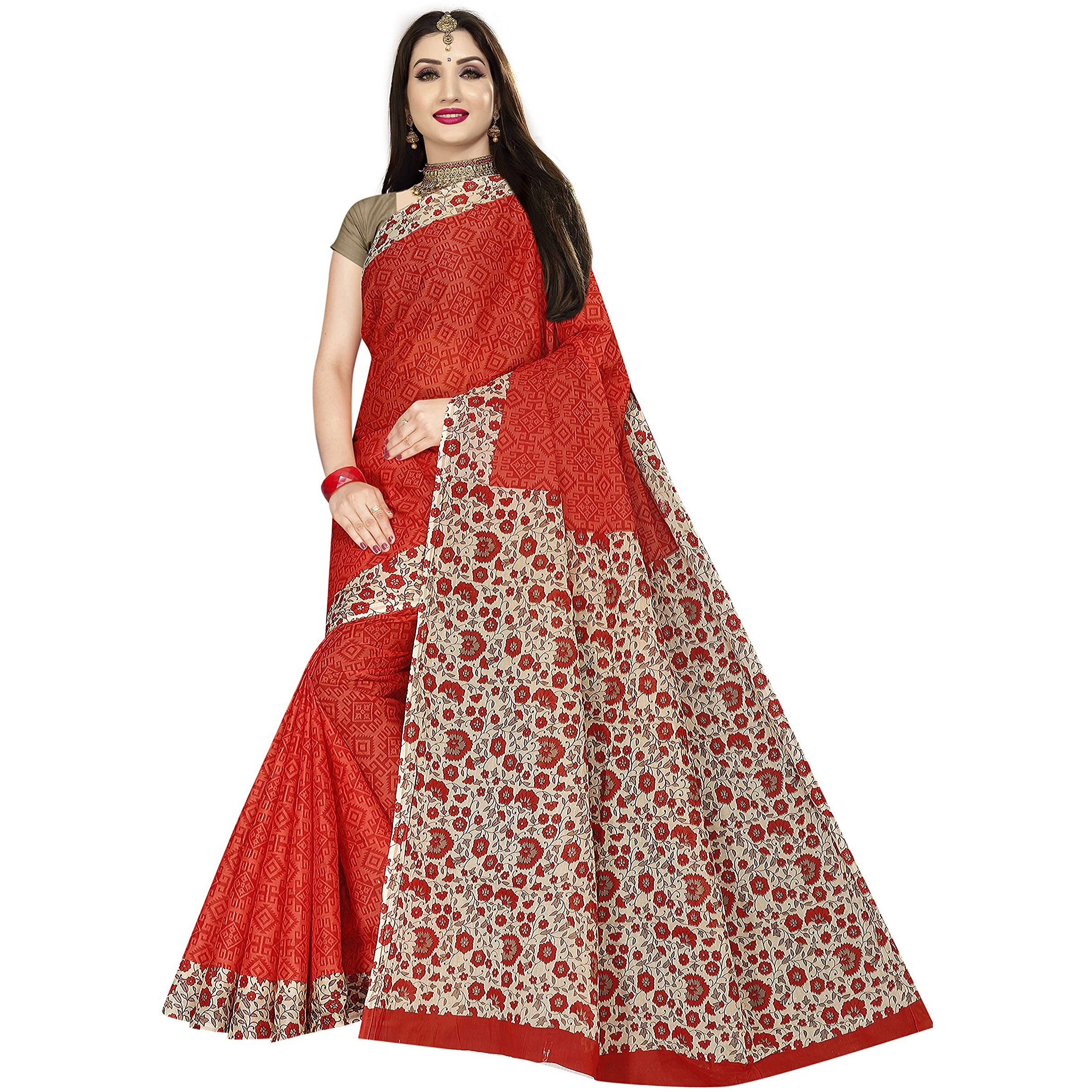 TAMAIRA FASHION Womens Plain Weave Pure Cotton Saree Without Blouse Piece (AB16_Scarlet Red)
