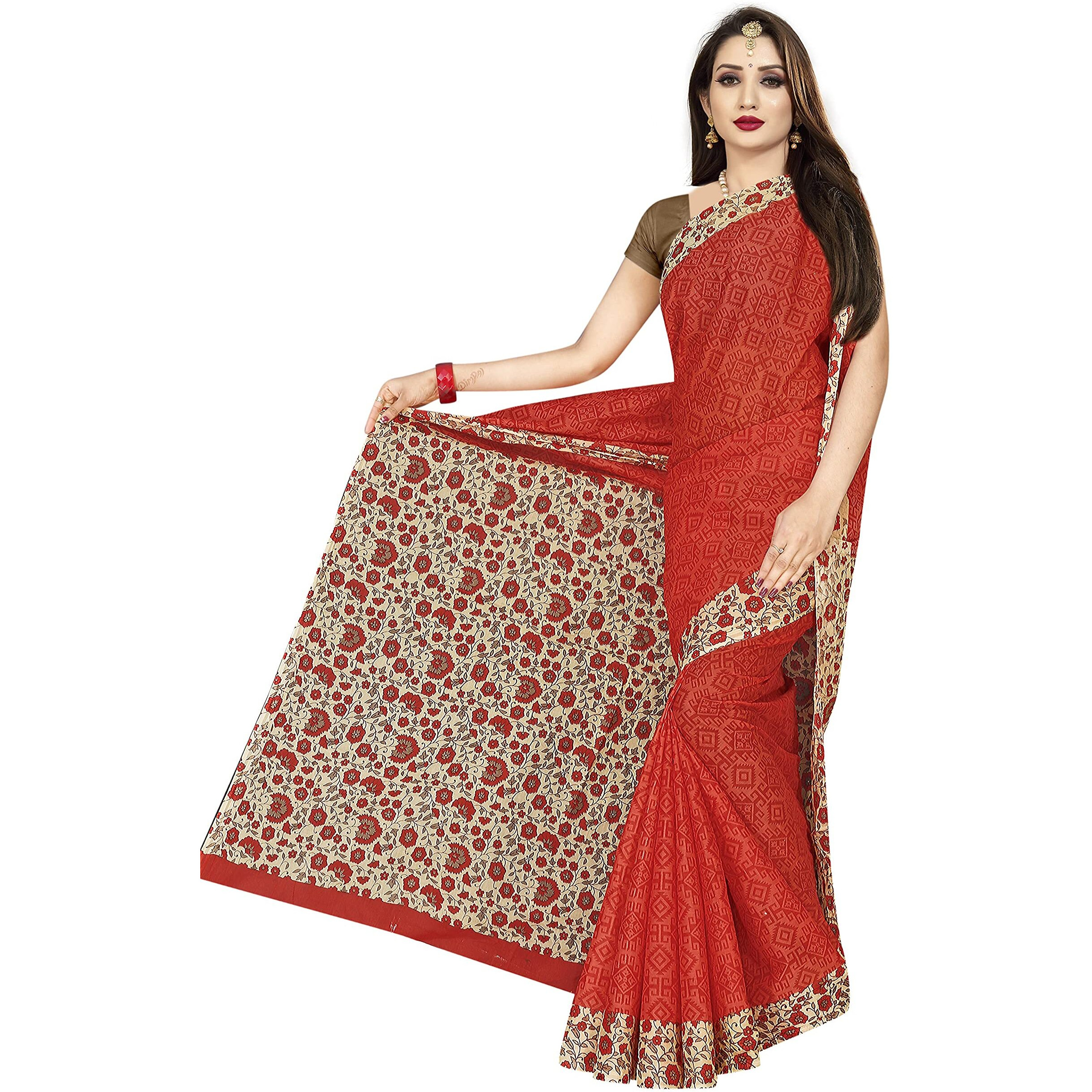 TAMAIRA FASHION Womens Plain Weave Pure Cotton Saree Without Blouse Piece (AB16_Scarlet Red)