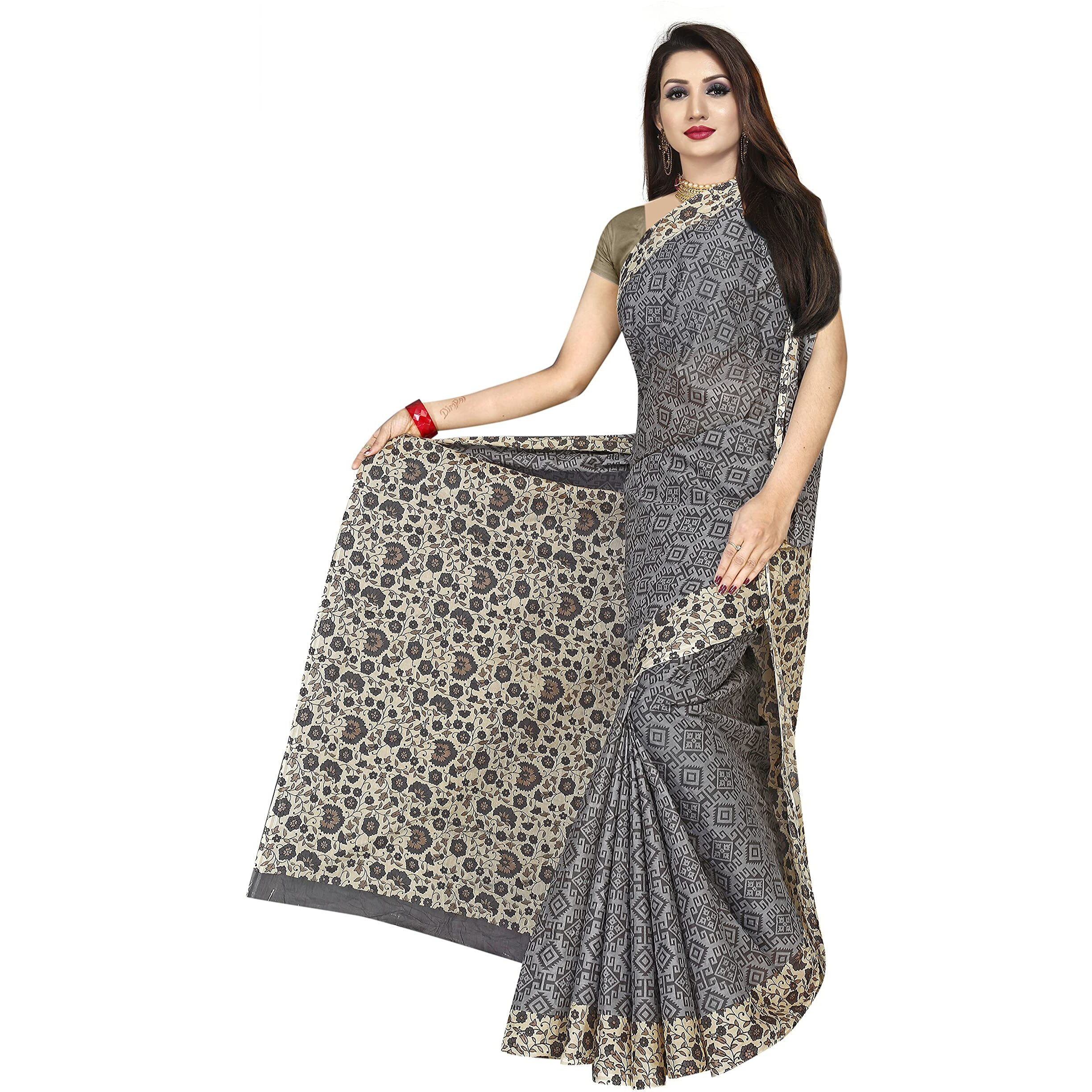 TAMAIRA FASHION Womens Plain Weave Pure Cotton Saree Without Blouse Piece (AB16_Grey)