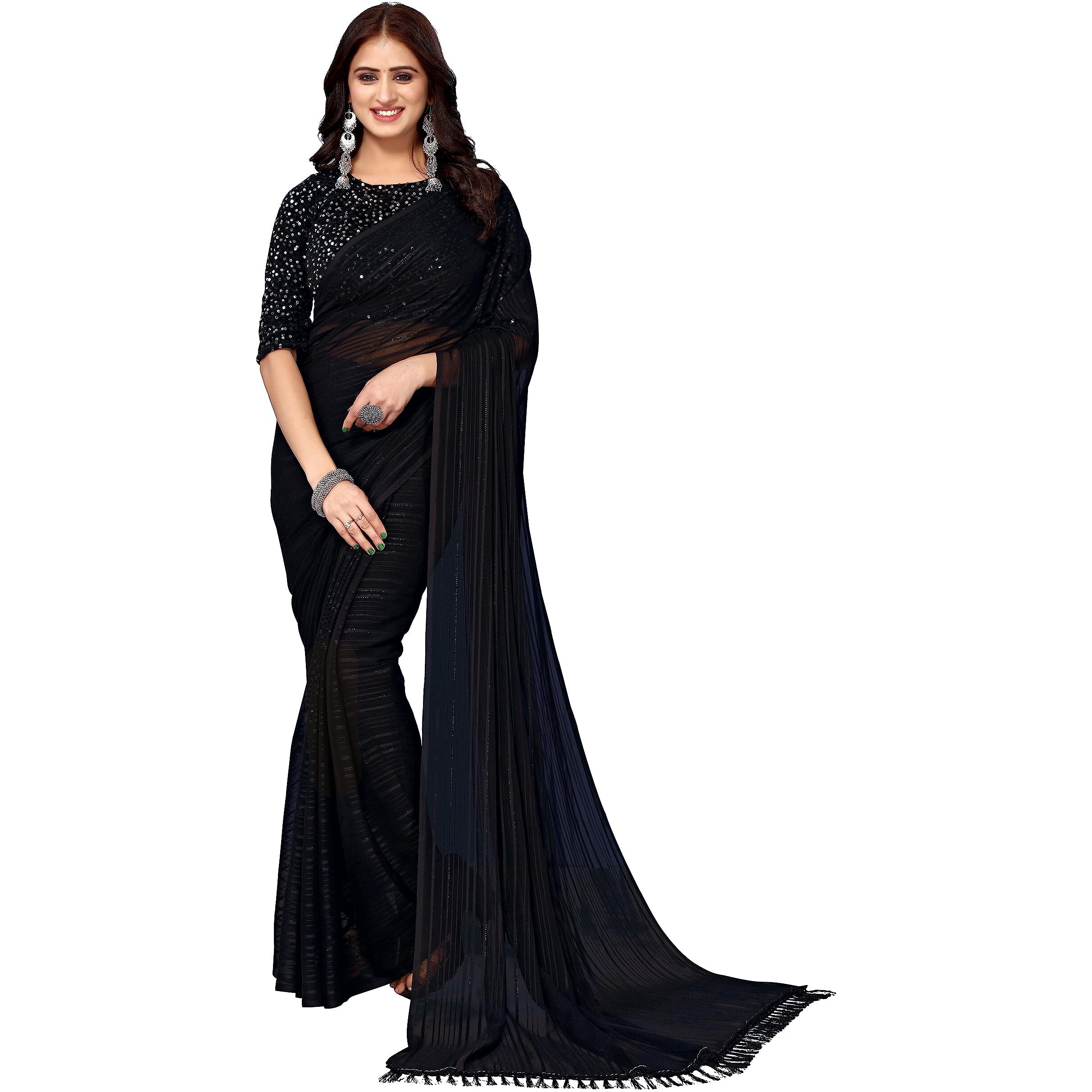 Yashika Womens Georegtte With Jari Printed Black Color Saree With Blouse Piece(RIVA BLACK)