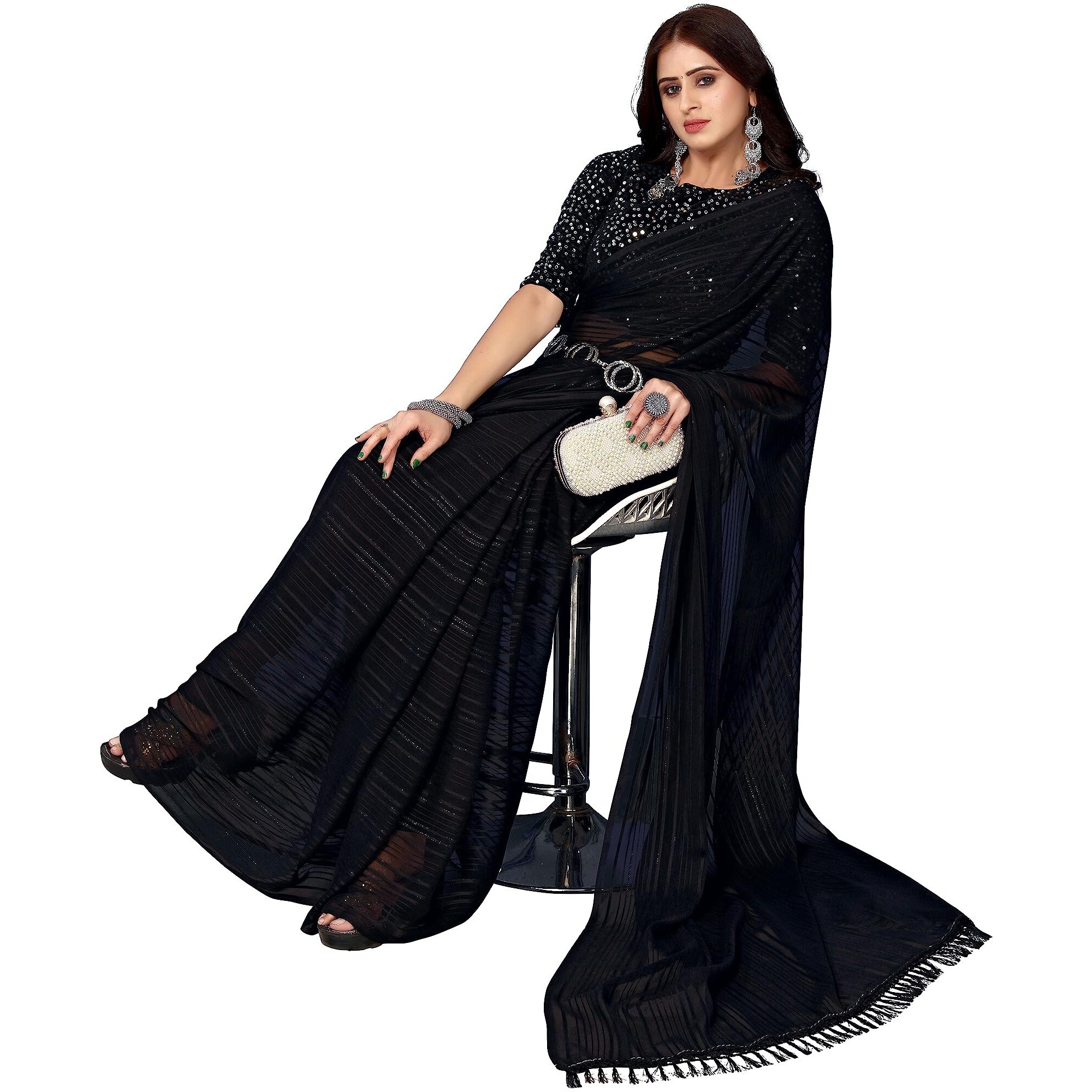 Yashika Womens Georegtte With Jari Printed Black Color Saree With Blouse Piece(RIVA BLACK)