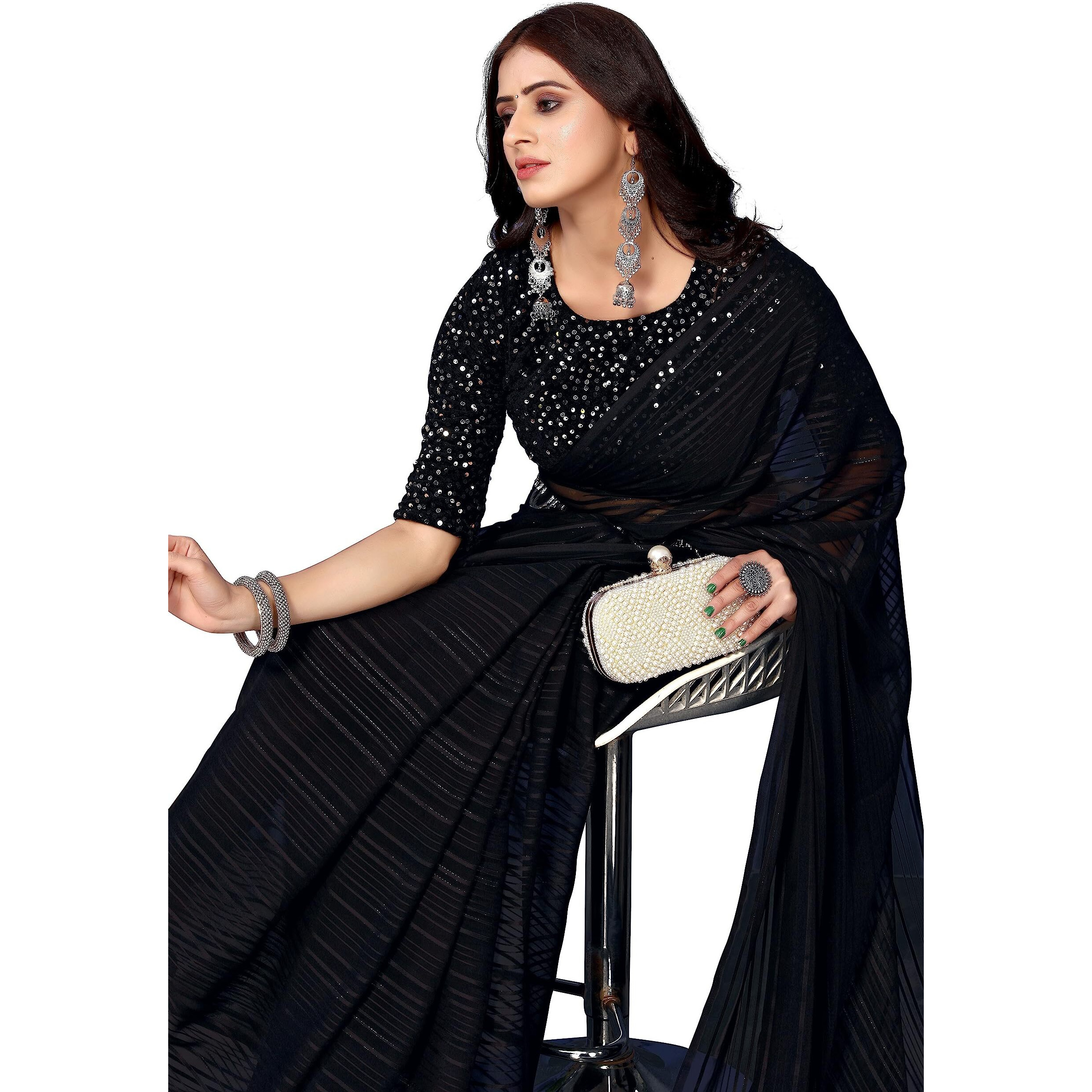 Yashika Womens Georegtte With Jari Printed Black Color Saree With Blouse Piece(RIVA BLACK)