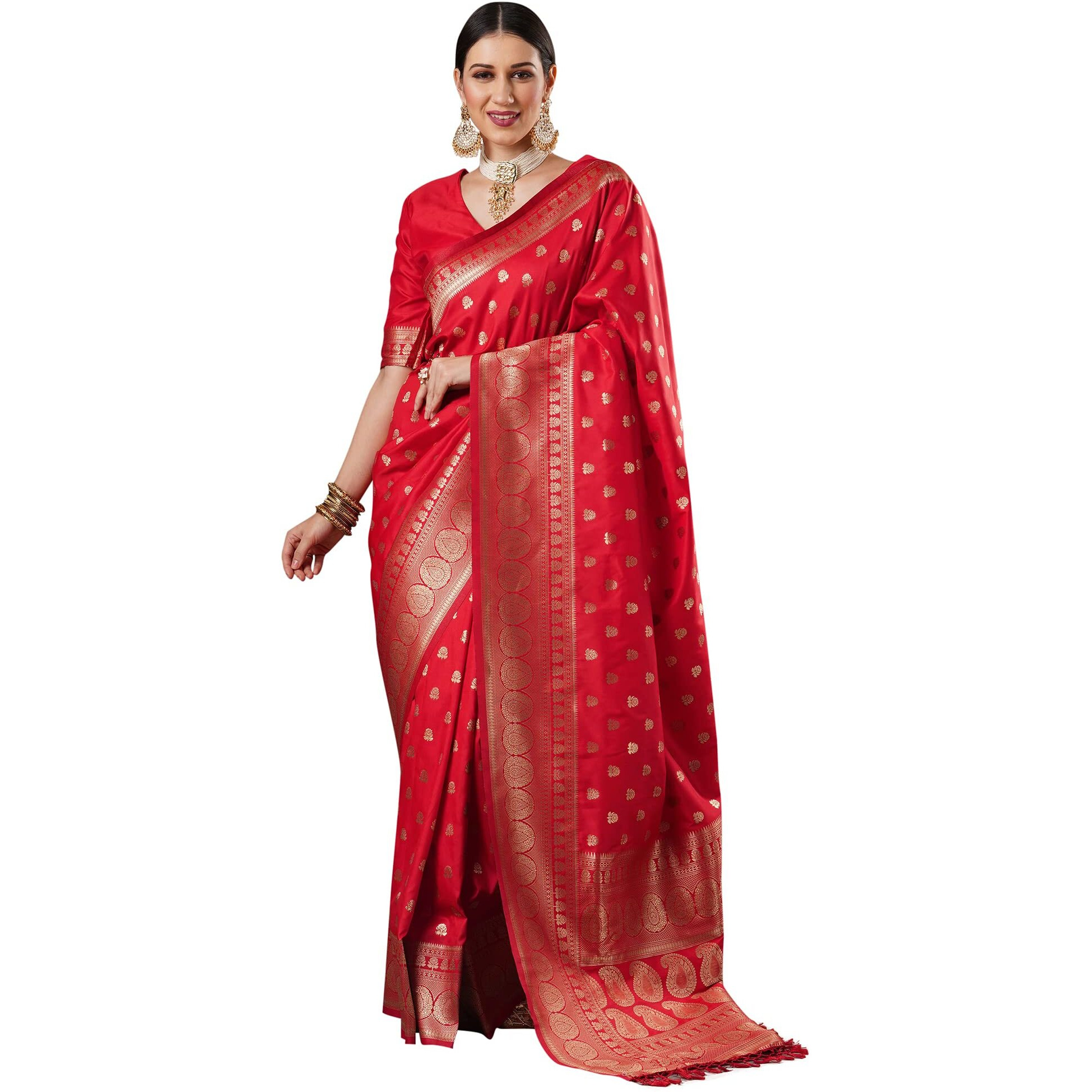 AKHILAM Womens Floral Silk Blend Woven Design Saree With Unstitched Blouse Piece (Red_14PAKHI1505)
