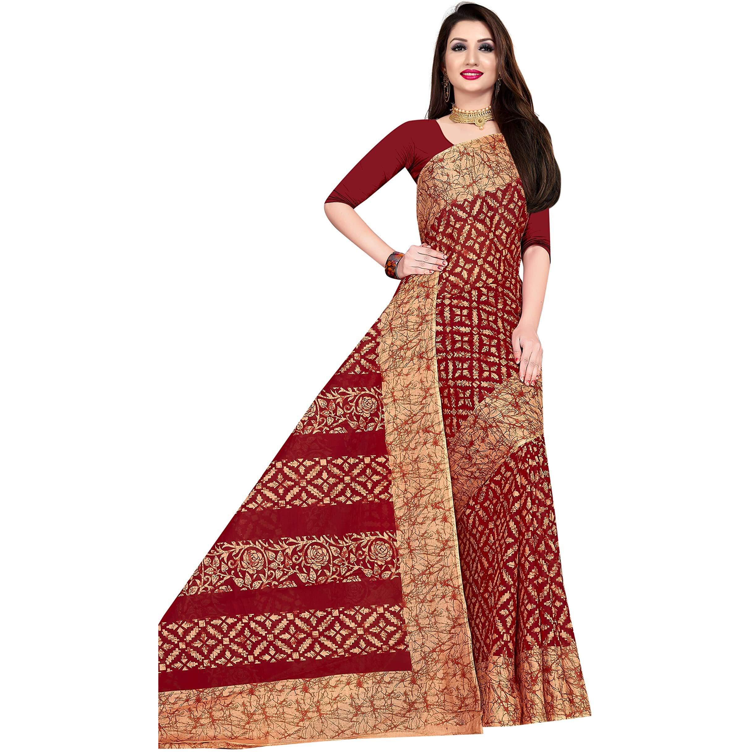 TAMAIRA FASHION Womens Plain Weave Pure Cotton Saree Without Blouse Piece(2369_BeigeandRed)