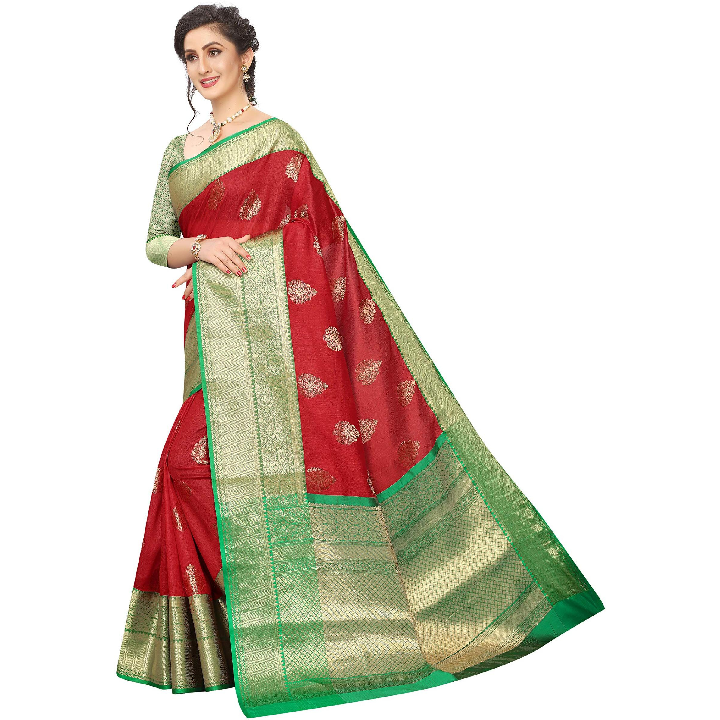 Silk Zone Womens Heavy Banarasi Art Silk Saree With Unstitched Blouse Piece(Red)