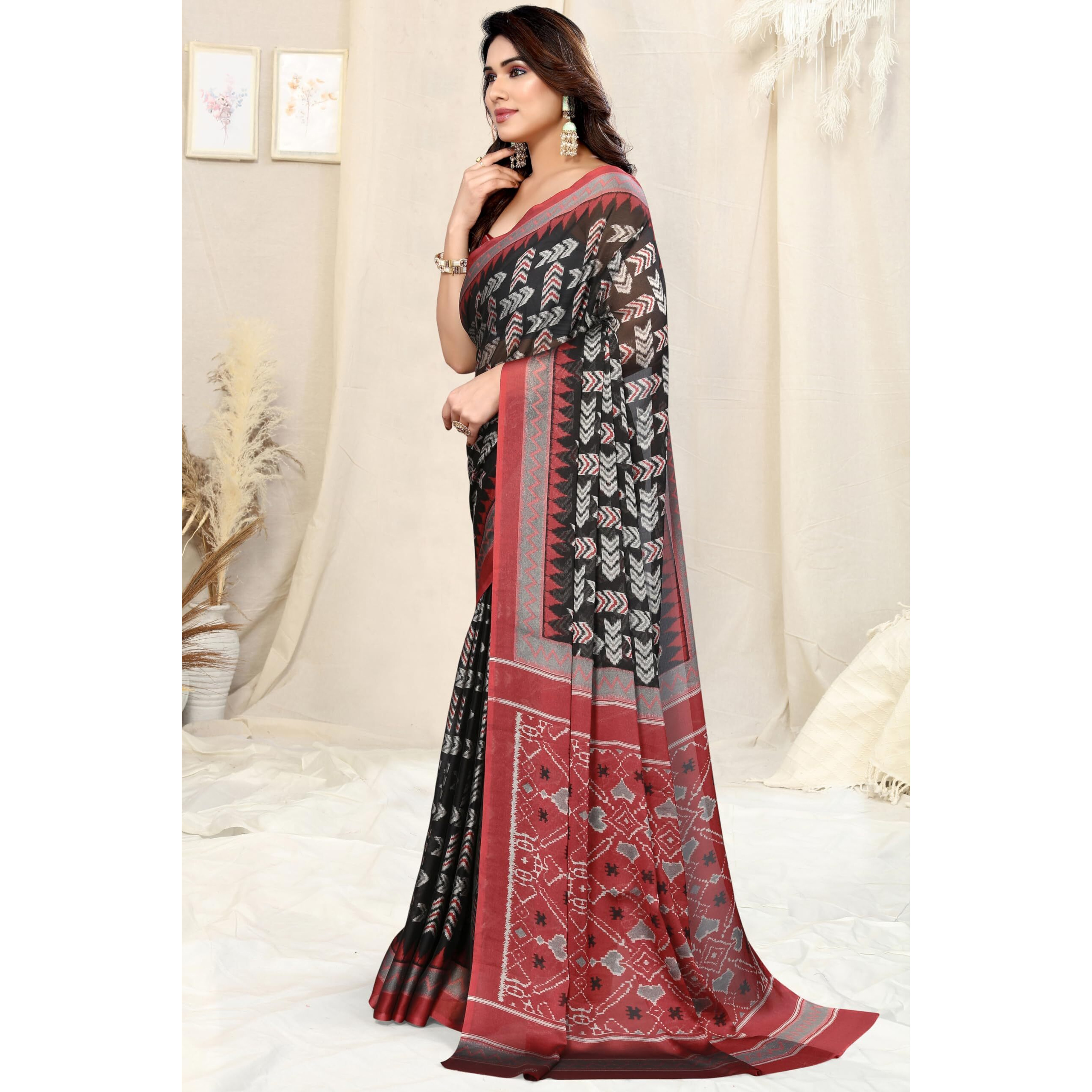 MIRCHI FASHION Womens Chiffon Mix Patola Block Printed Saree with Blouse Piece (39471-Black, Maroon)