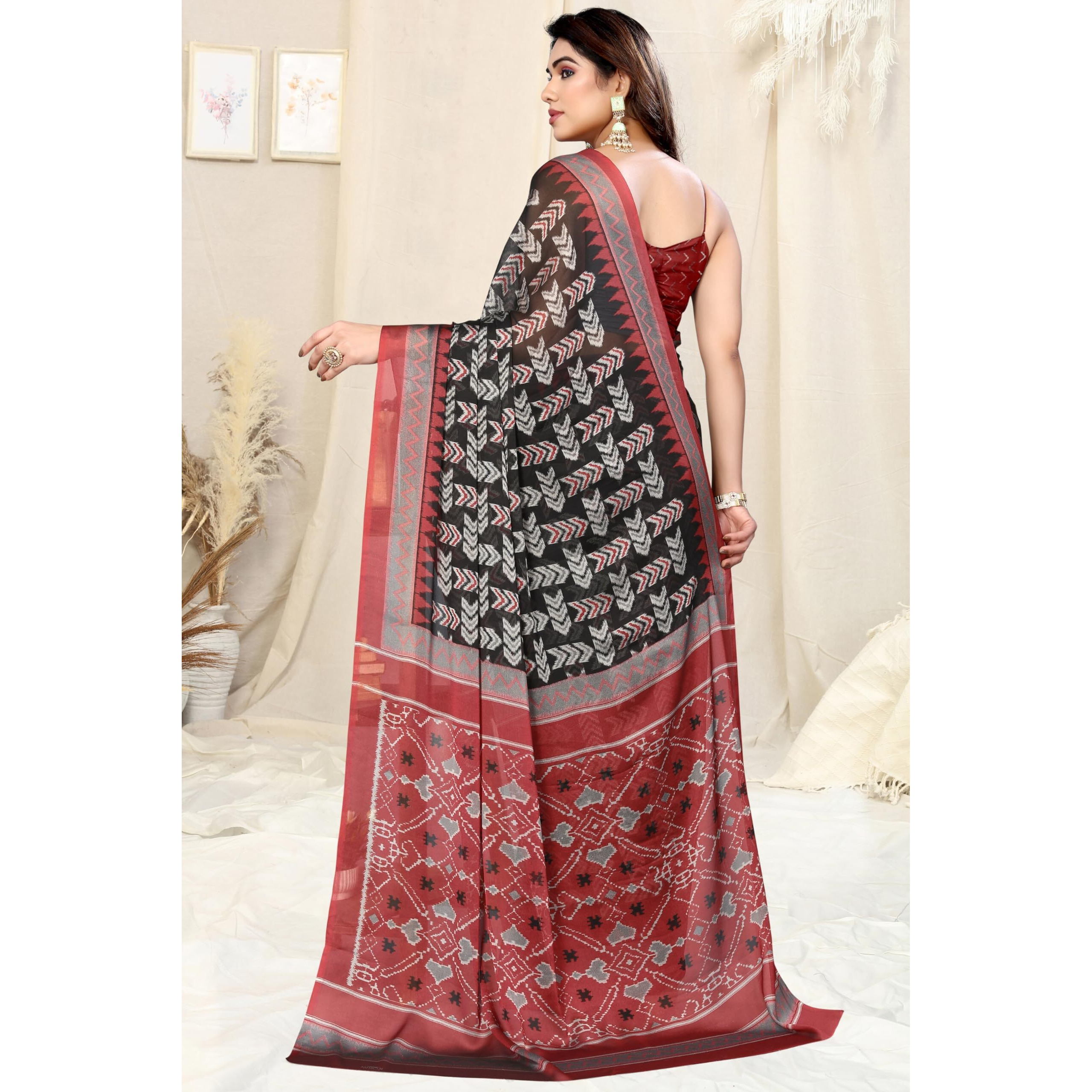 MIRCHI FASHION Womens Chiffon Mix Patola Block Printed Saree with Blouse Piece (39471-Black, Maroon)