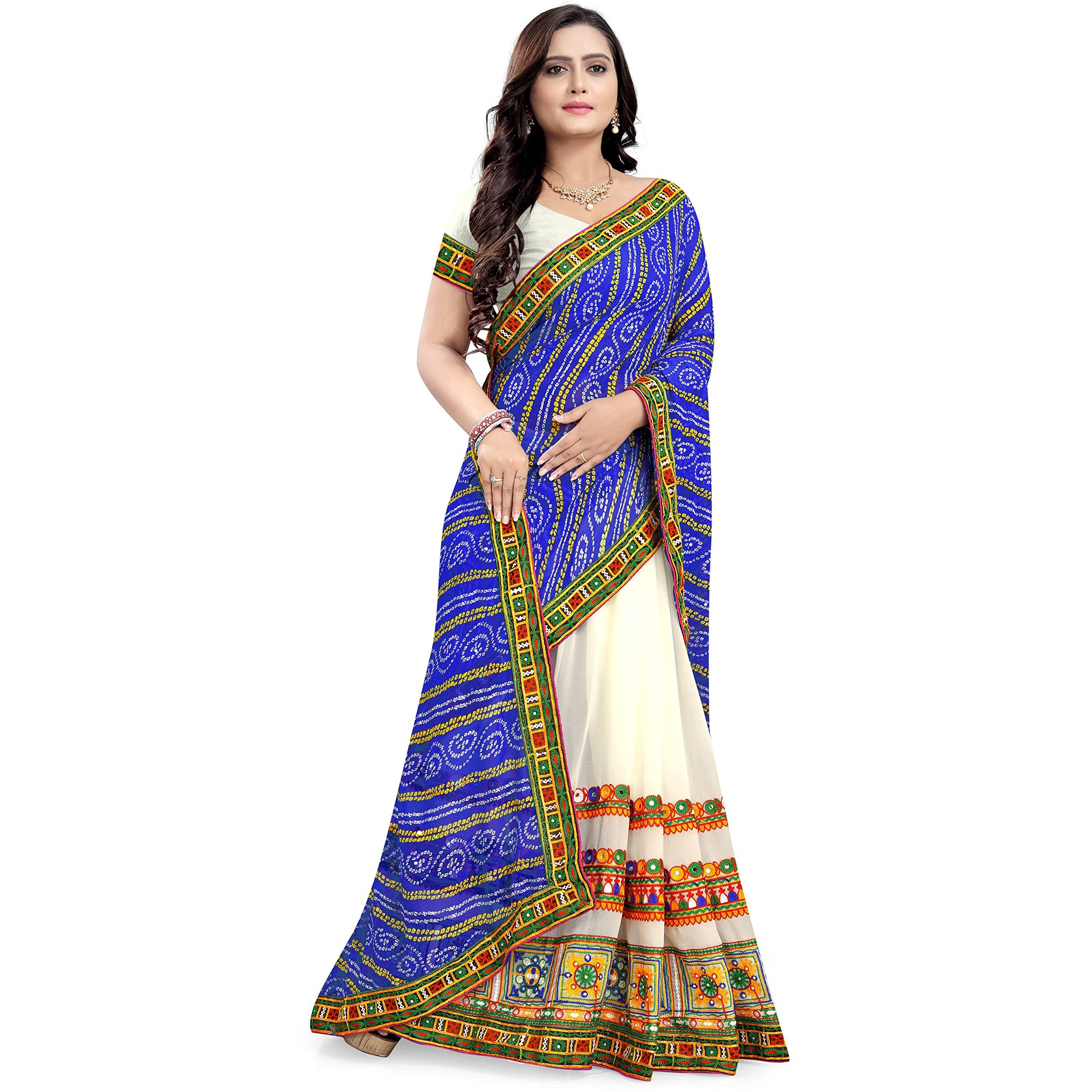 arriva fab Womens Embroiderded Pure Georgette Saree With Blouse Piece (Riva930__White)