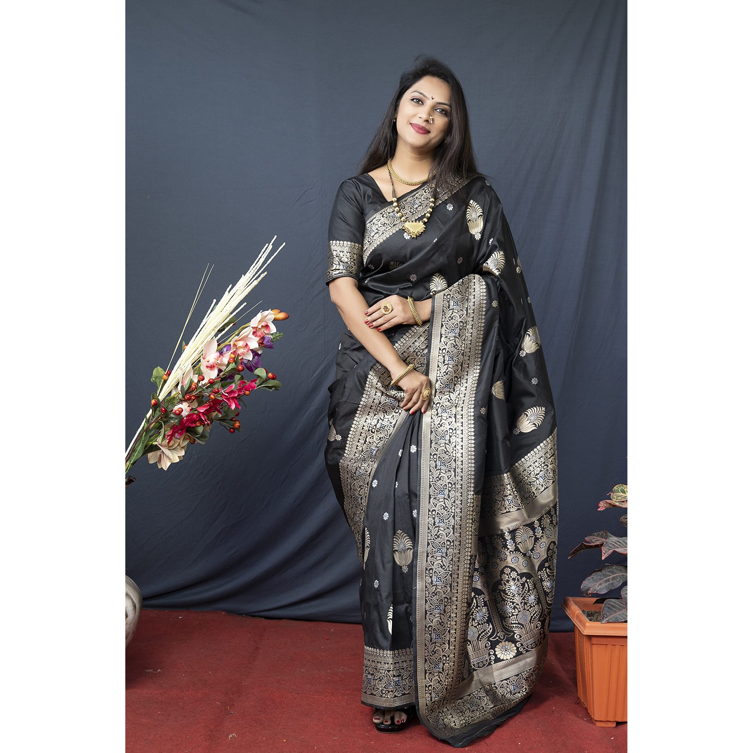 AMIRAT Womens Banarasi Silk Pure Golden Zari Woven With Blouse Piece (Black)
