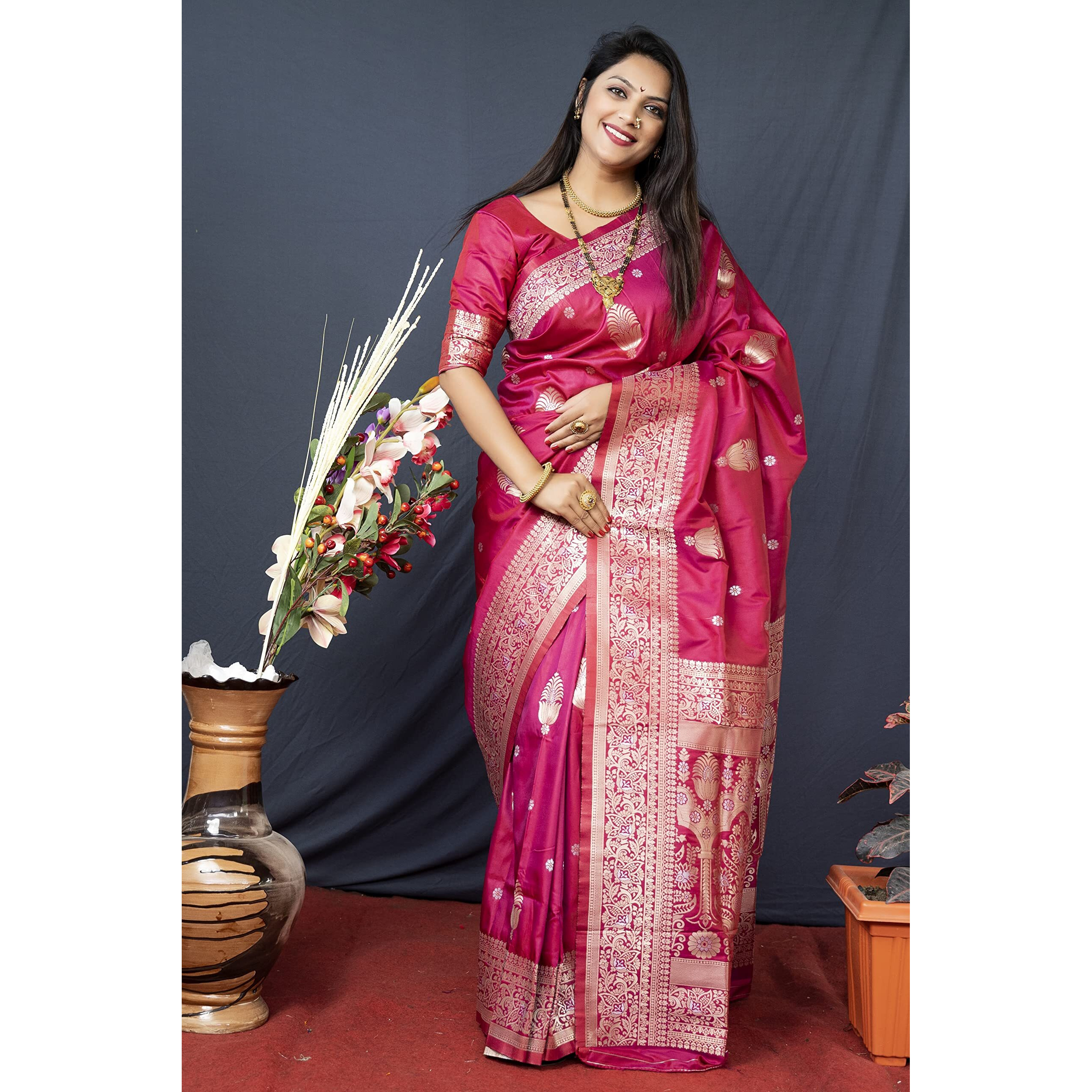 AMIRAT Womens Banarasi Silk Pure Golden Zari Woven With Blouse Piece (Wine(Red))