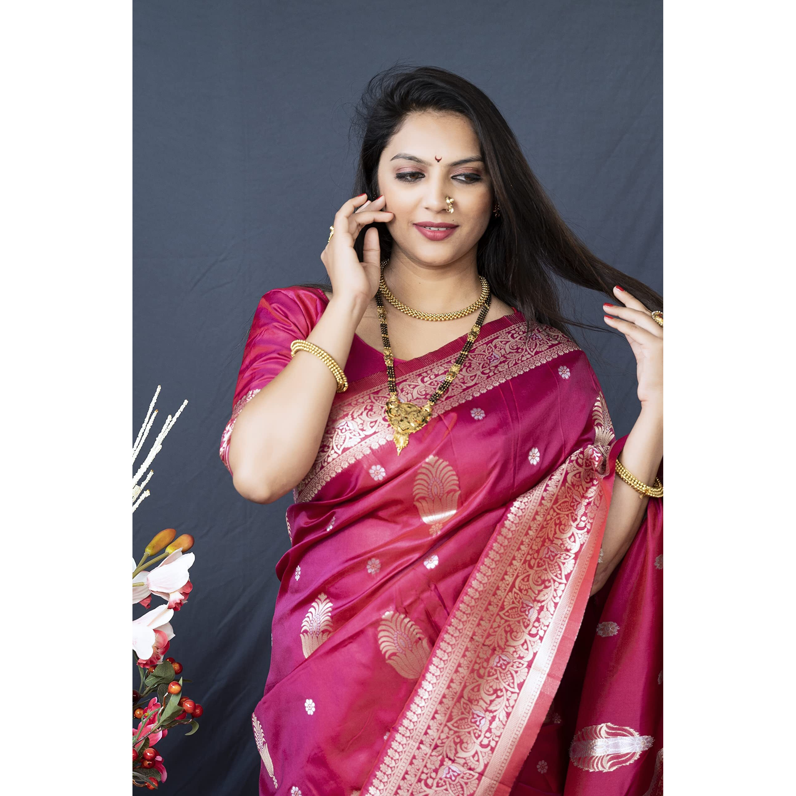 AMIRAT Womens Banarasi Silk Pure Golden Zari Woven With Blouse Piece (Wine(Red))