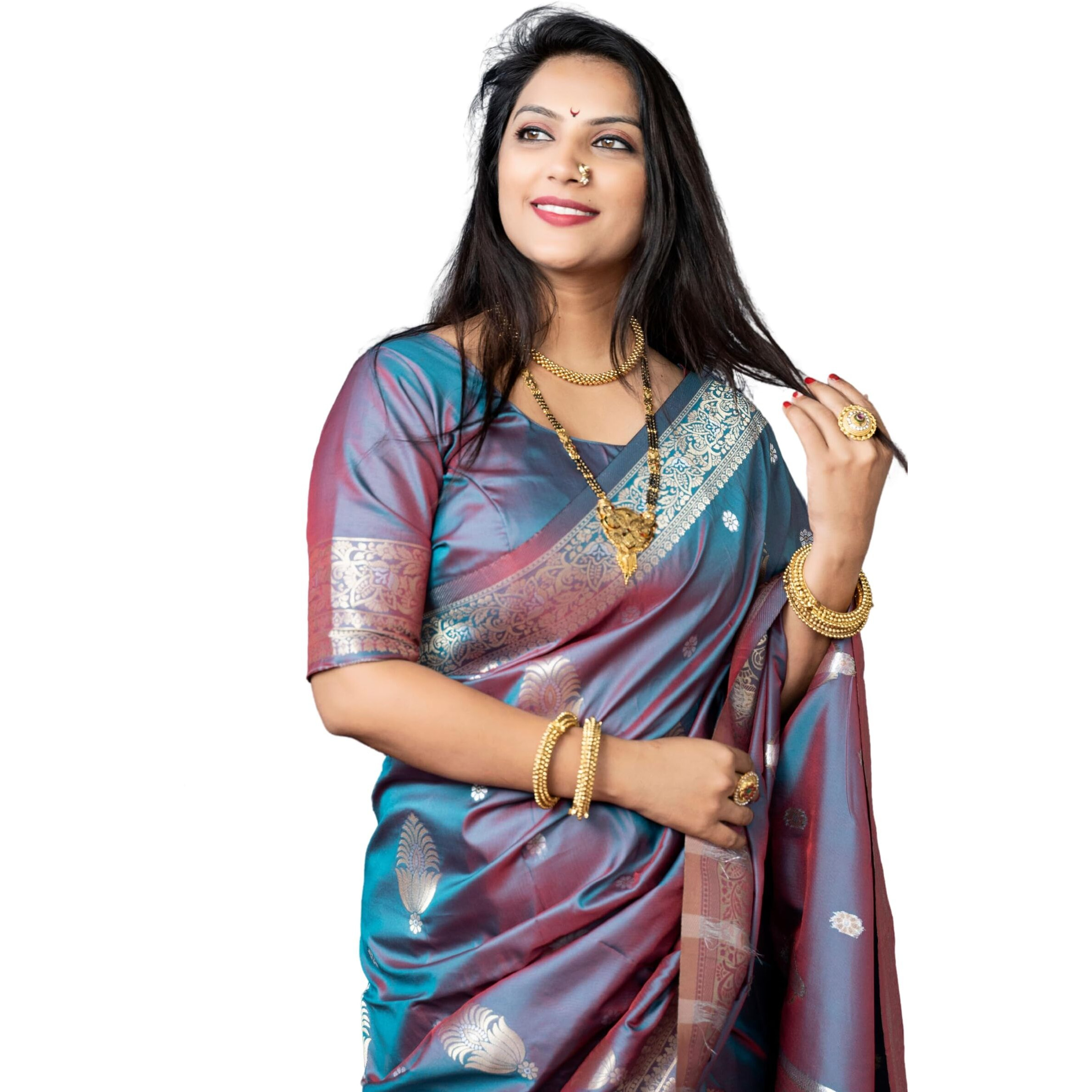 AMIRAT Womens Banarasi Silk Pure Golden Zari Woven With Blouse Piece (Teal)